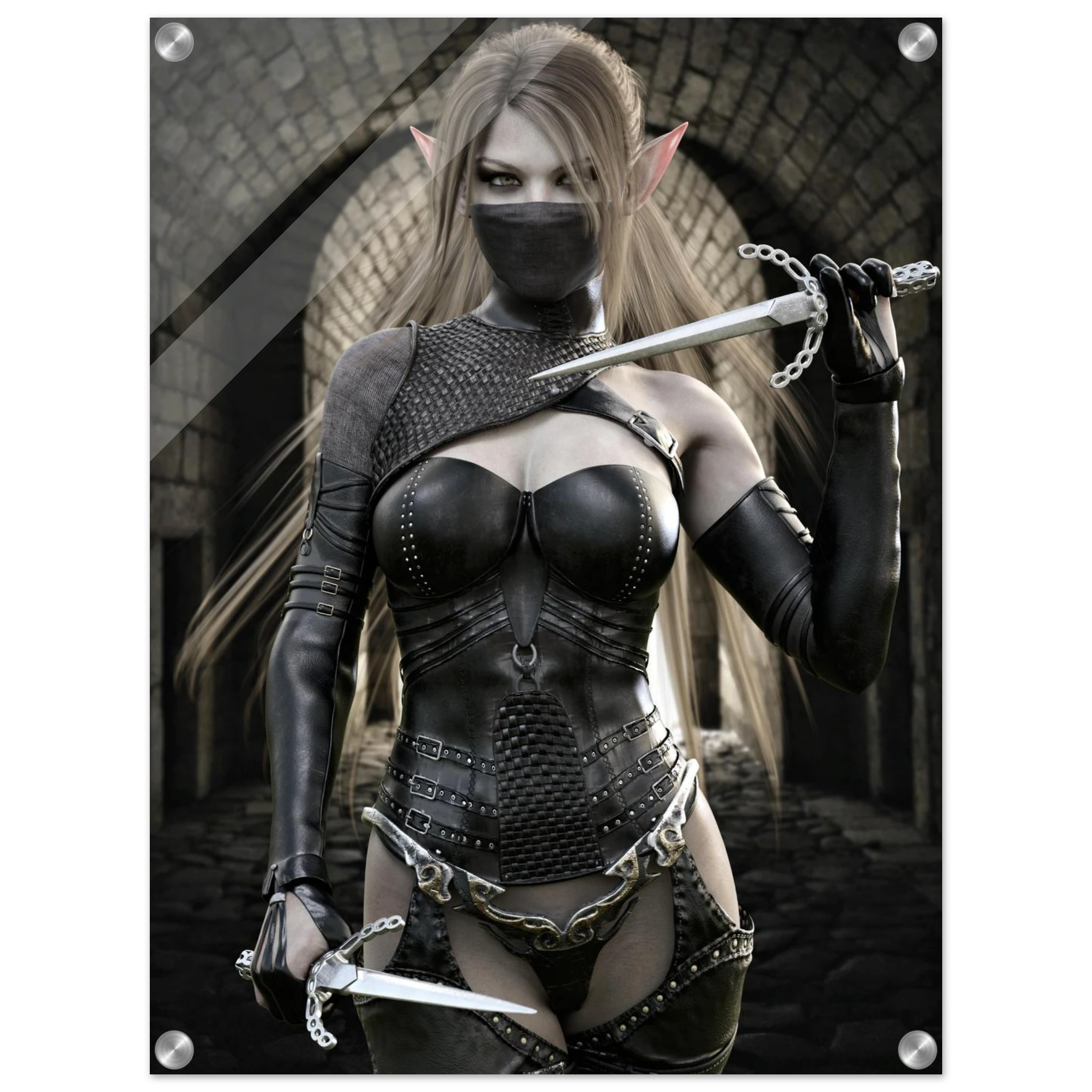 Handcrafted Elf Assassin wall art featuring a masked female elven rogue wielding twin daggers inside an ancient stone fortress. Fantasy artwork perfect for gaming rooms, RPG fans, and medieval fantasy décor.