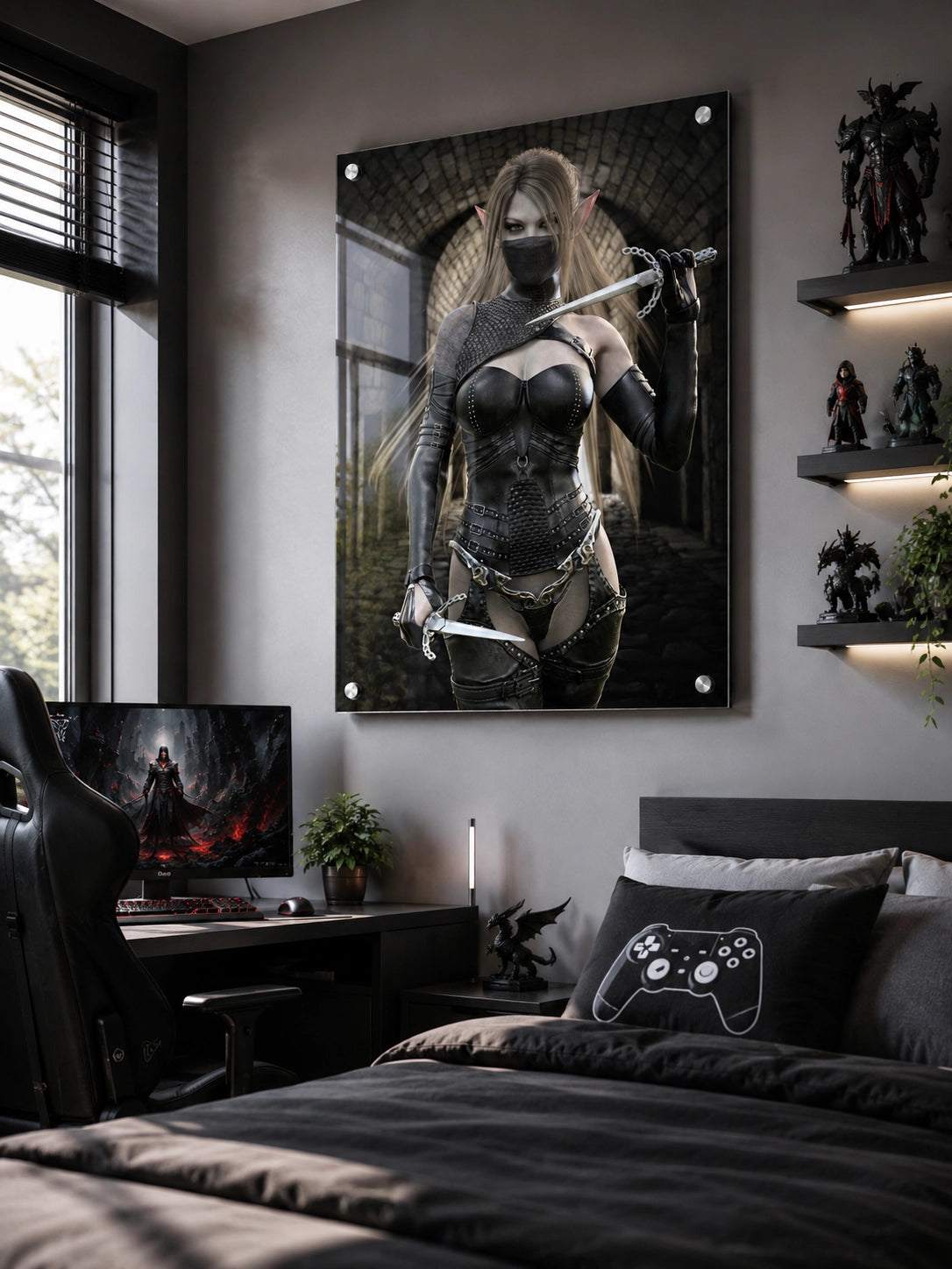 Handcrafted Elf Assassin wall art featuring a masked female elven rogue wielding twin daggers inside an ancient stone fortress. Fantasy artwork perfect for gaming rooms, RPG fans, and medieval fantasy décor.