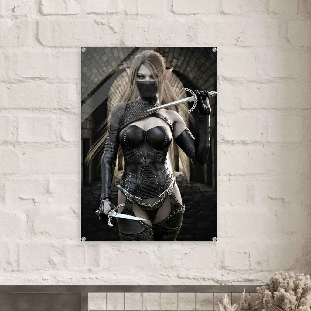 Handcrafted Elf Assassin wall art featuring a masked female elven rogue wielding twin daggers inside an ancient stone fortress. Fantasy artwork perfect for gaming rooms, RPG fans, and medieval fantasy décor.