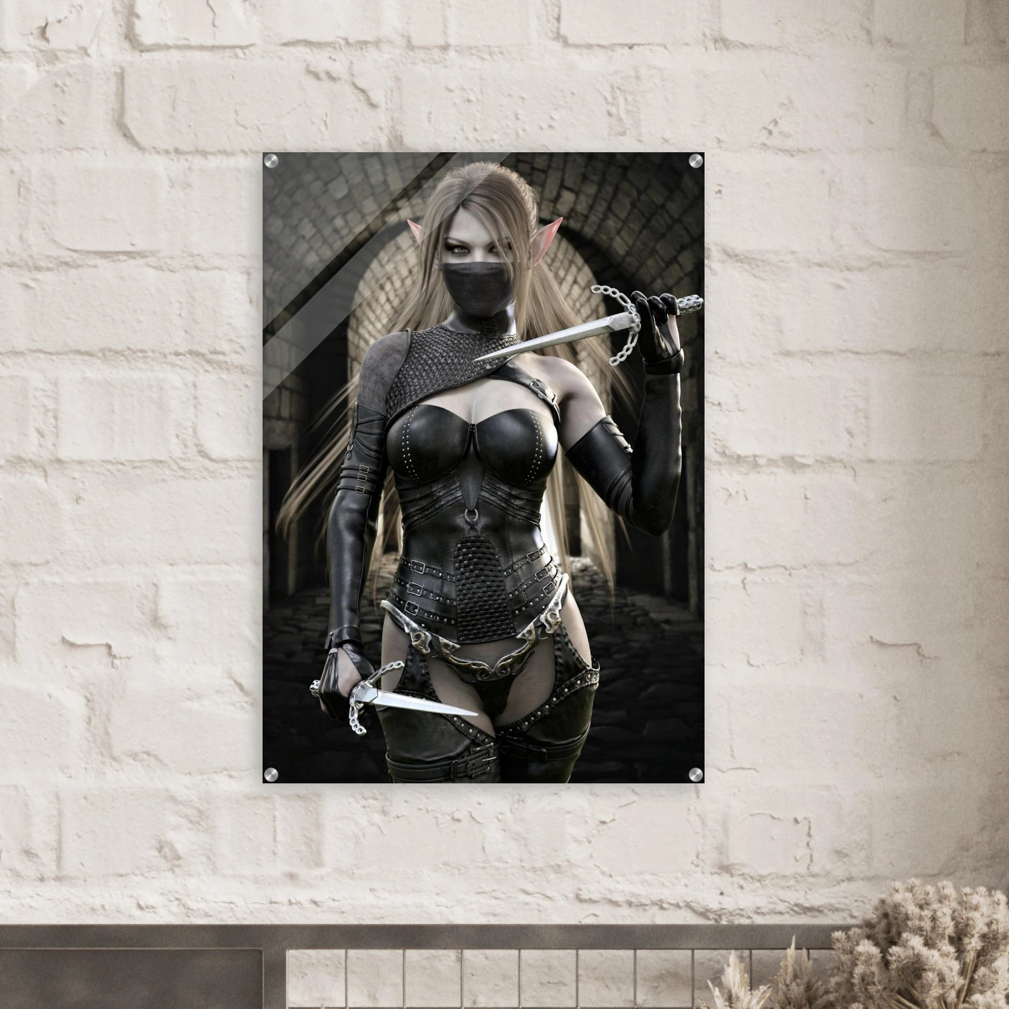 Handcrafted Elf Assassin wall art featuring a masked female elven rogue wielding twin daggers inside an ancient stone fortress. Fantasy artwork perfect for gaming rooms, RPG fans, and medieval fantasy décor.