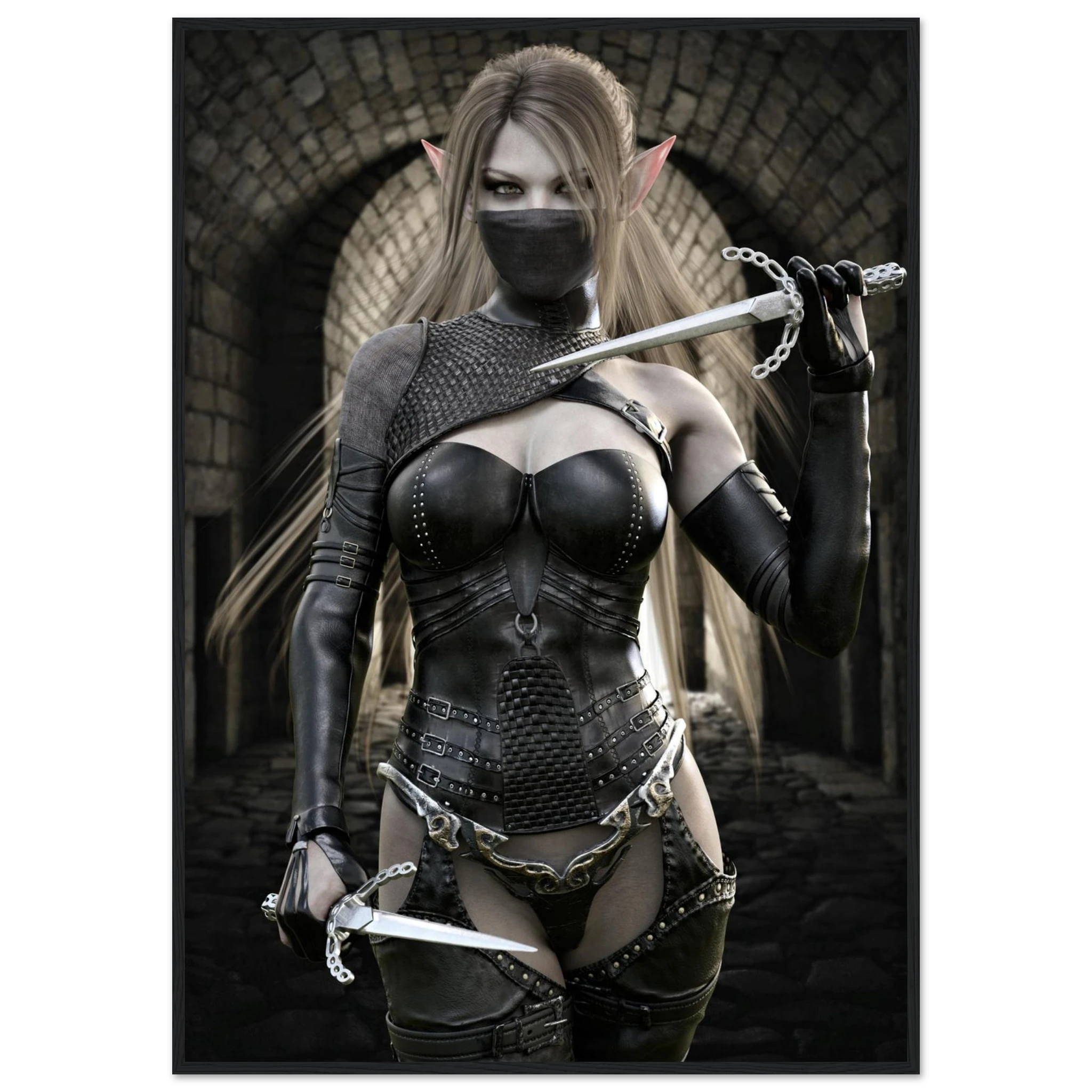 A vertical art print or poster featuring a fantasy female warrior with long blonde hair, pointed ears, a black face mask, and a black armored bodysuit with silver chain details, standing in a stone archway and holding swords.