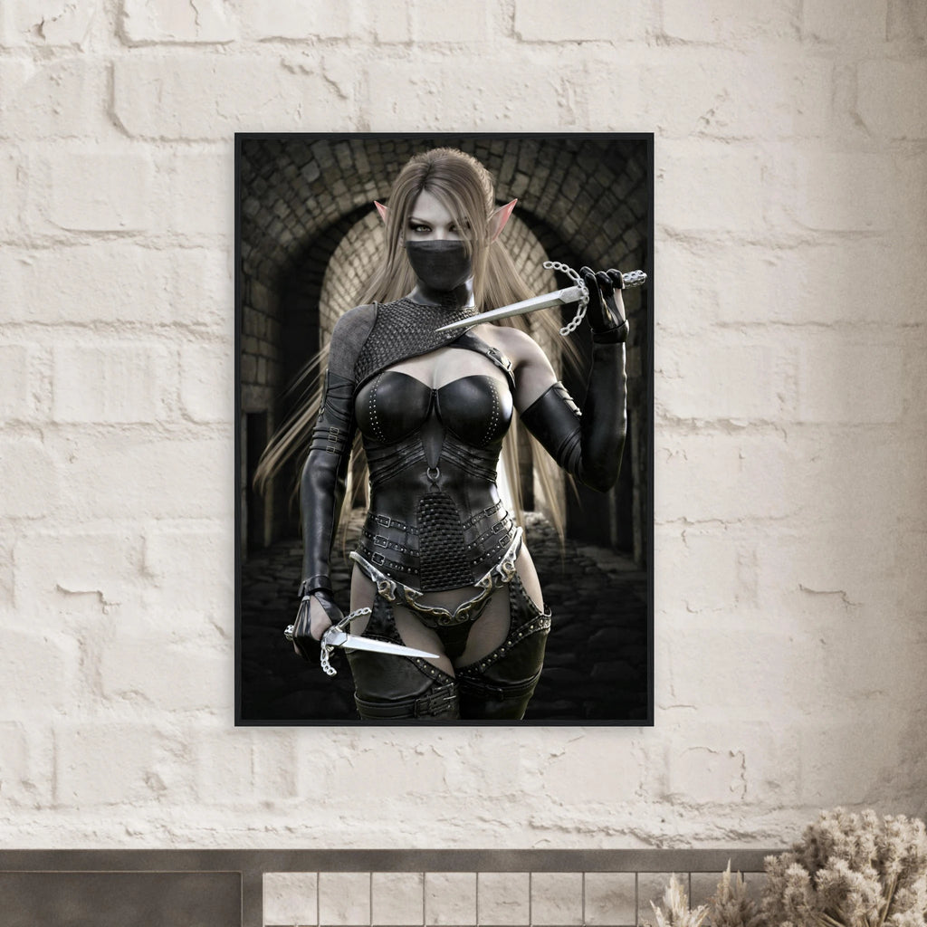 A framed vertical art print depicting a fantasy female warrior with horns, a black face mask, and a dark scale-like bodysuit, hanging on a white brick wall above a mantel.