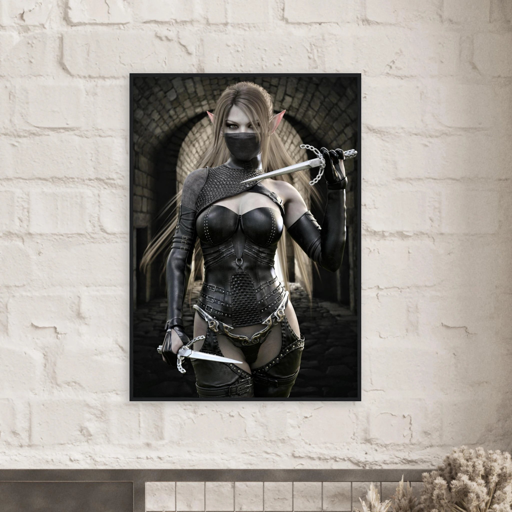 A framed vertical art print depicting a fantasy female warrior with horns, a black face mask, and a dark scale-like bodysuit, hanging on a white brick wall above a mantel.
