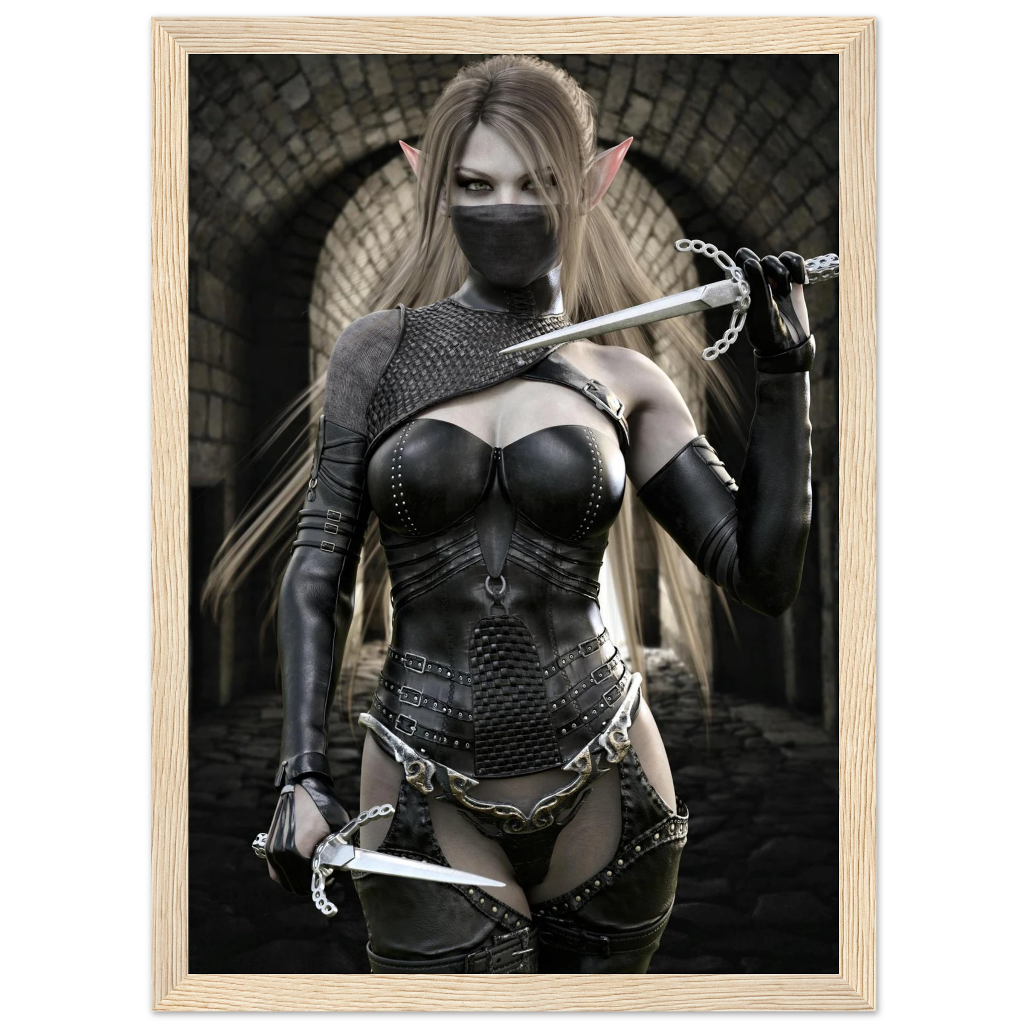 A framed art print featuring a fantasy elf woman with long blonde hair, wearing dark metallic armor and a black face mask, holding swords in a stone archway setting.