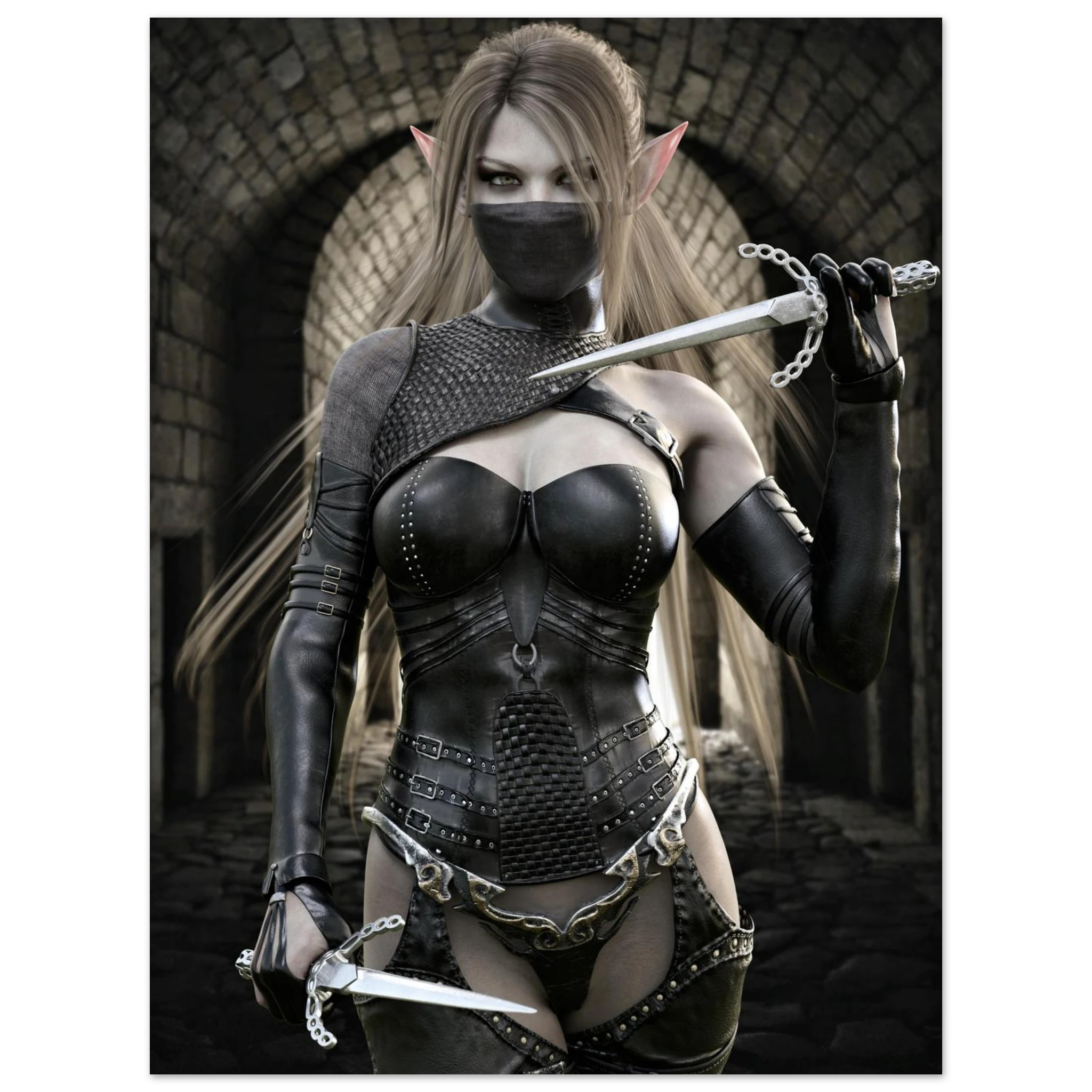 Handcrafted Elf Assassin wall art featuring a masked female elven rogue wielding twin daggers inside an ancient stone fortress. Fantasy artwork perfect for gaming rooms, RPG fans, and medieval fantasy décor.