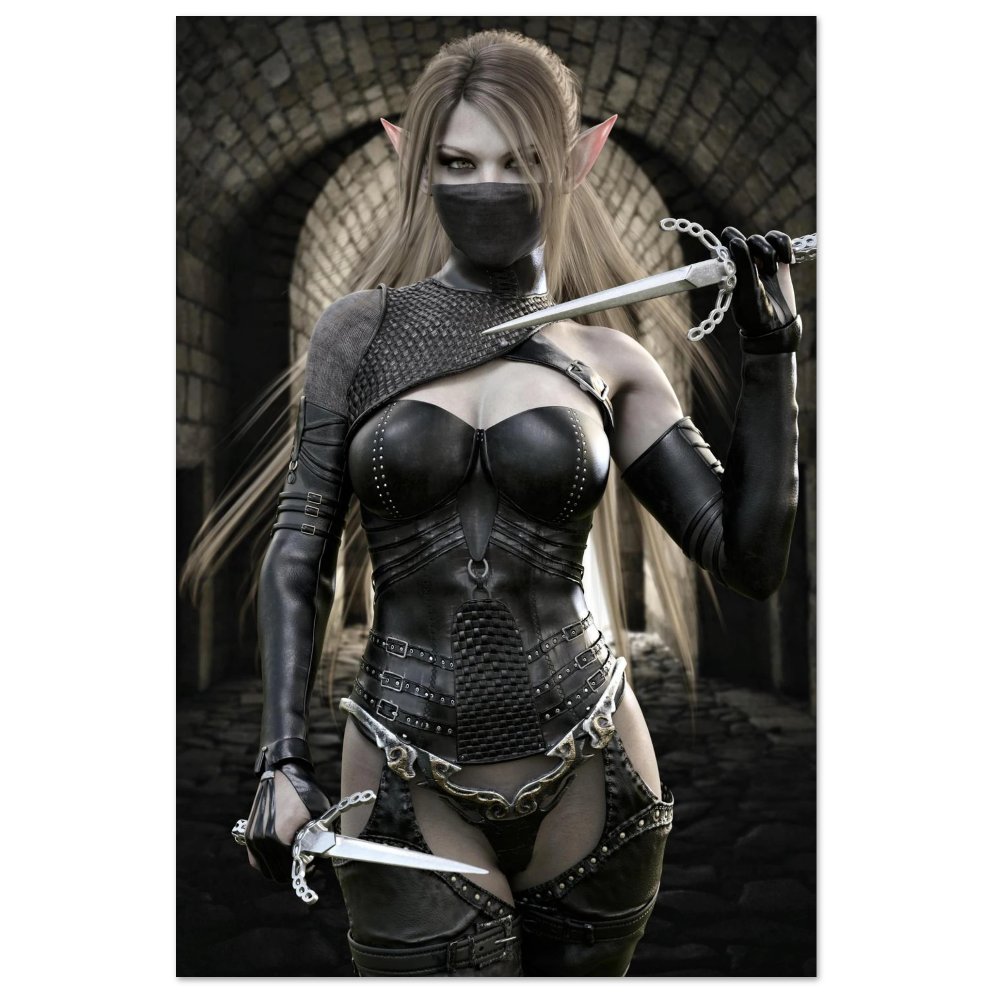 Handcrafted Elf Assassin wall art featuring a masked female elven rogue wielding twin daggers inside an ancient stone fortress. Fantasy artwork perfect for gaming rooms, RPG fans, and medieval fantasy décor.