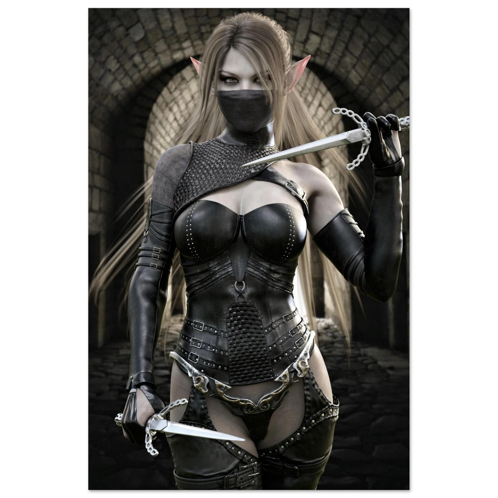 Handcrafted Elf Assassin wall art featuring a masked female elven rogue wielding twin daggers inside an ancient stone fortress. Fantasy artwork perfect for gaming rooms, RPG fans, and medieval fantasy décor.