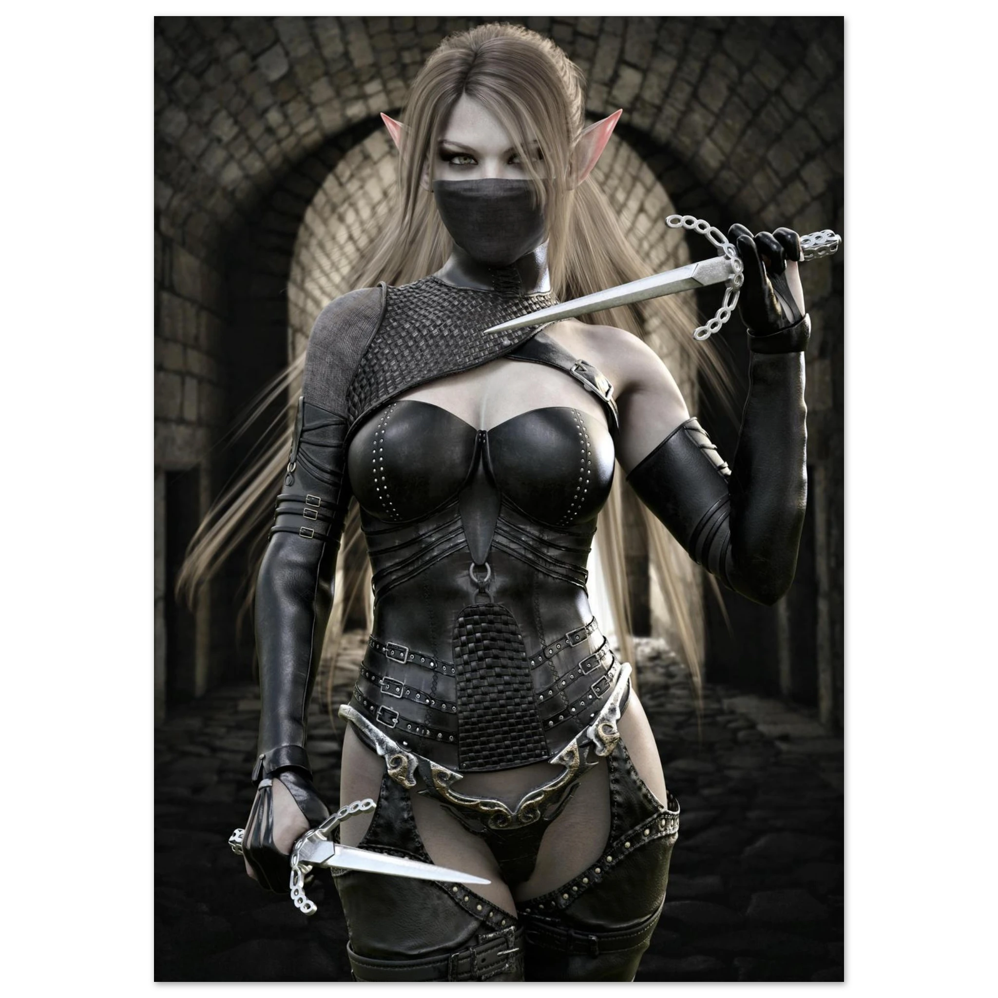 Handcrafted Elf Assassin wall art featuring a masked female elven rogue wielding twin daggers inside an ancient stone fortress. Fantasy artwork perfect for gaming rooms, RPG fans, and medieval fantasy décor.