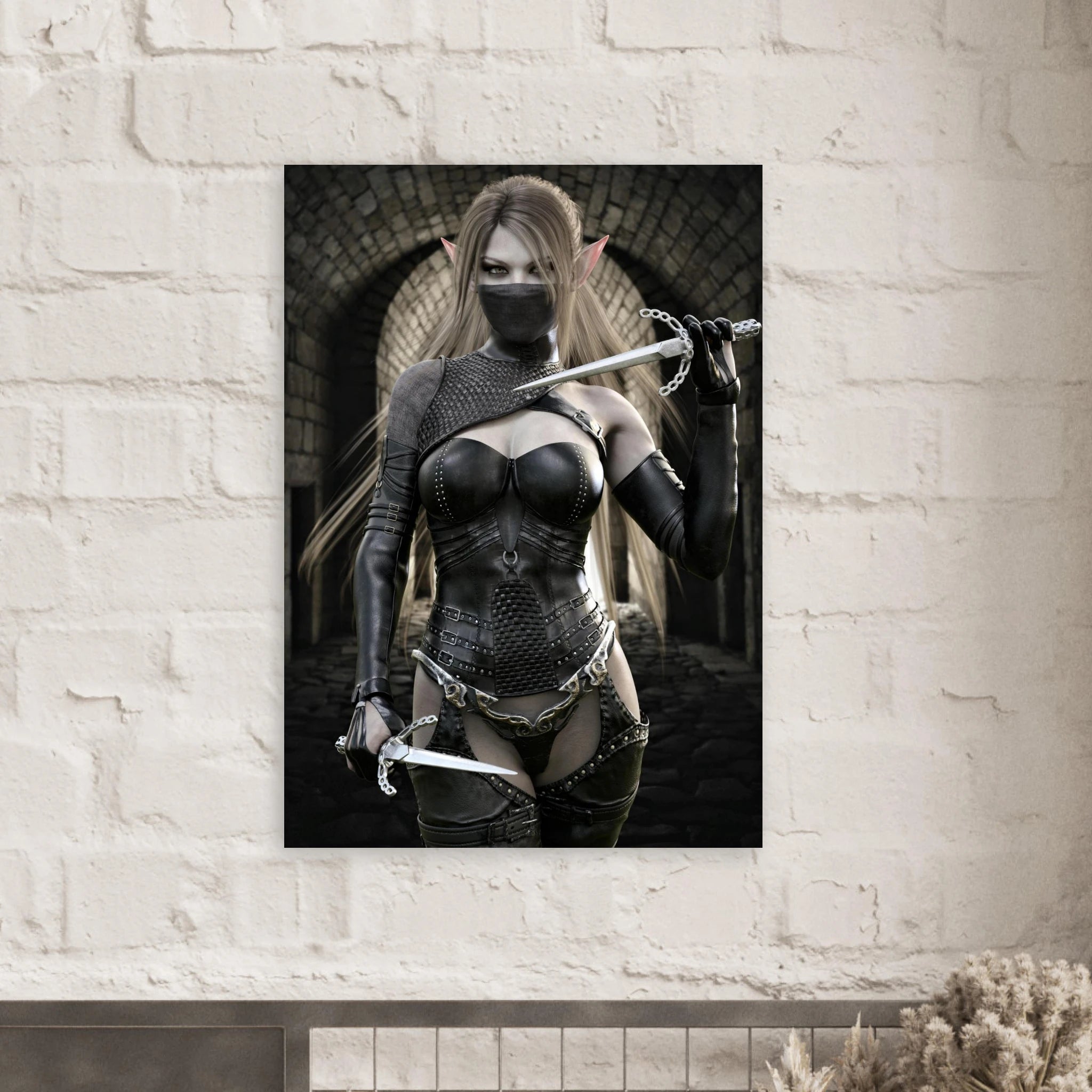 Handcrafted Elf Assassin wall art featuring a masked female elven rogue wielding twin daggers inside an ancient stone fortress. Fantasy artwork perfect for gaming rooms, RPG fans, and medieval fantasy décor.