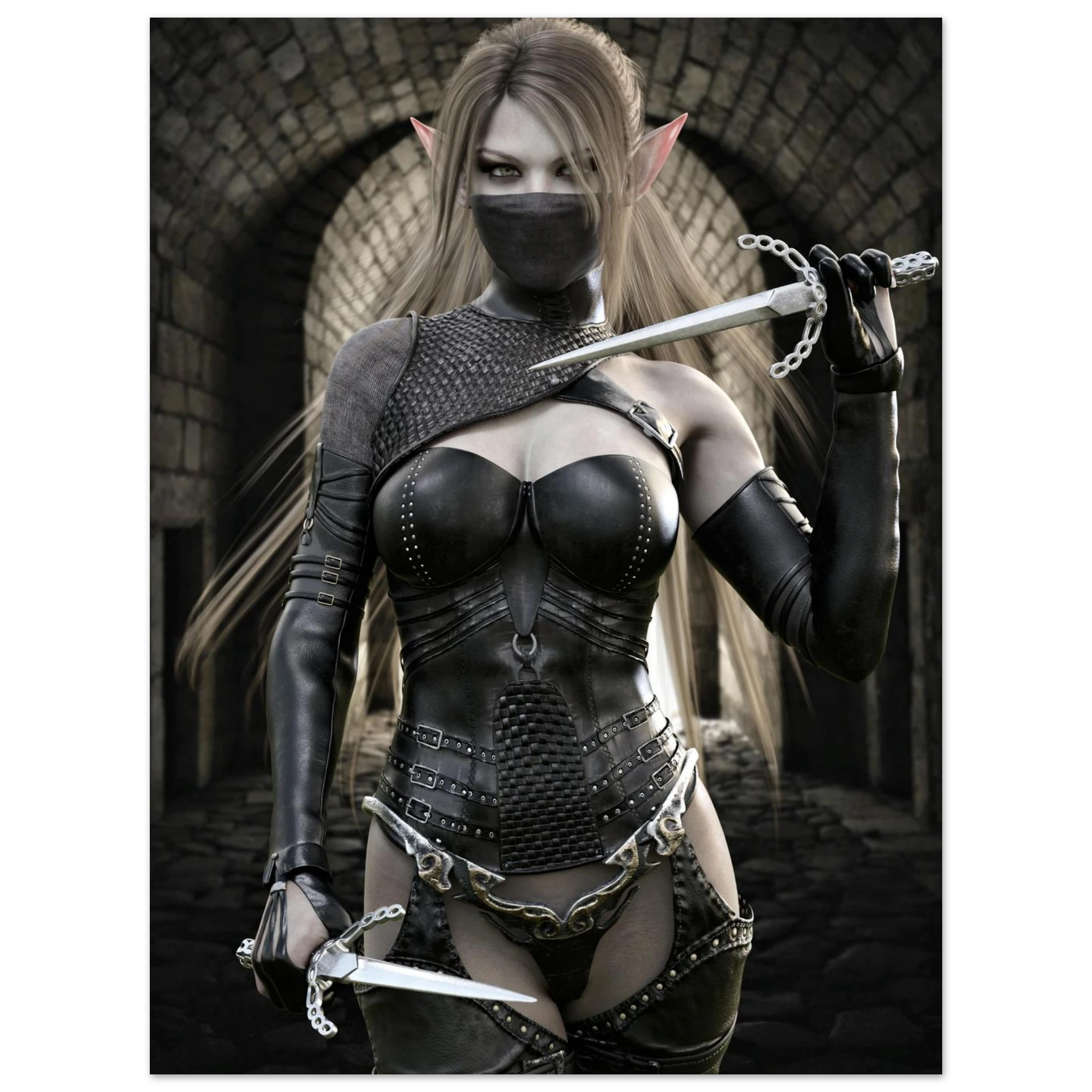 Handcrafted Elf Assassin wall art featuring a masked female elven rogue wielding twin daggers inside an ancient stone fortress. Fantasy artwork perfect for gaming rooms, RPG fans, and medieval fantasy décor.