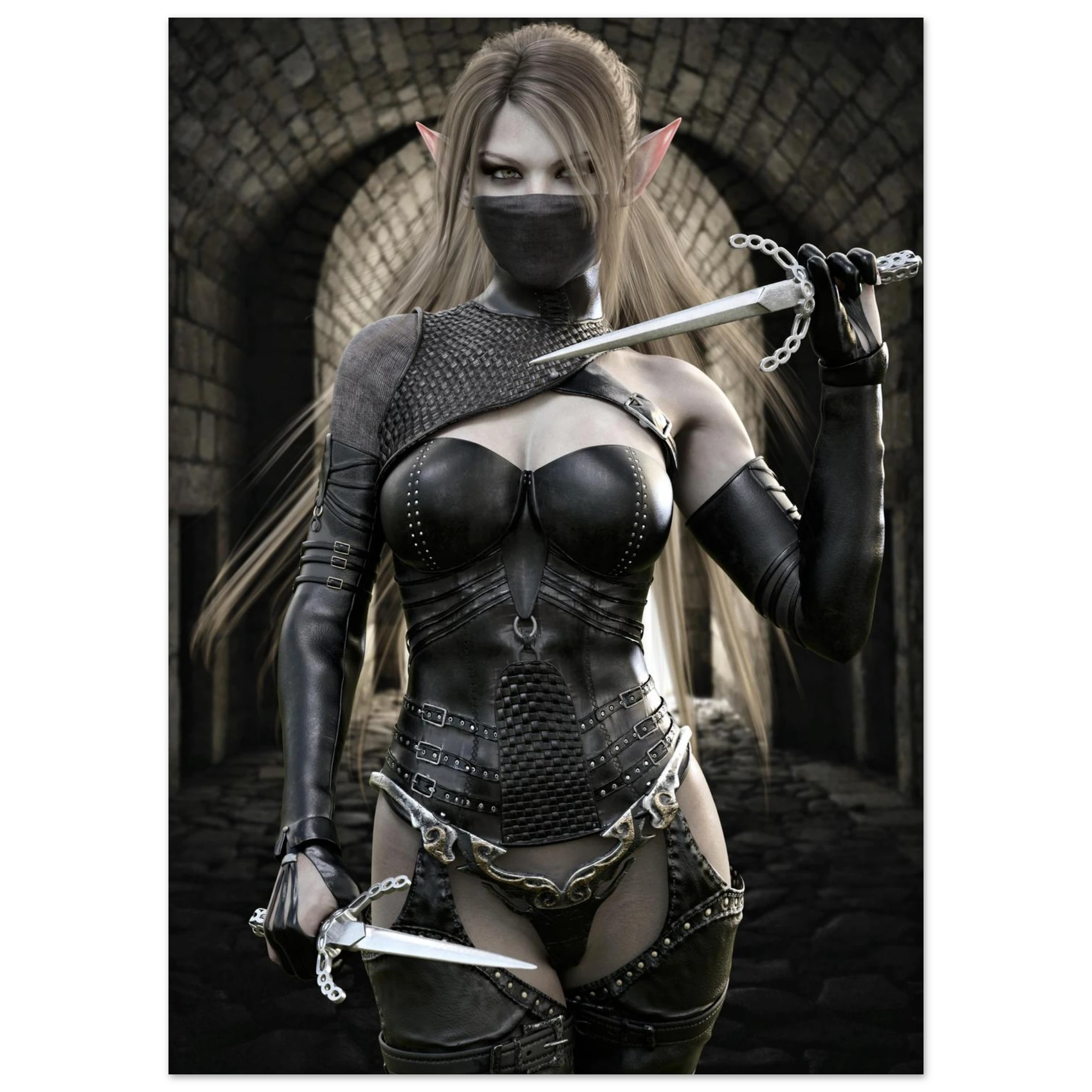 Handcrafted Elf Assassin wall art featuring a masked female elven rogue wielding twin daggers inside an ancient stone fortress. Fantasy artwork perfect for gaming rooms, RPG fans, and medieval fantasy décor.