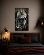 Handcrafted Elf Assassin wall art featuring a masked female elven rogue wielding twin daggers inside an ancient stone fortress. Fantasy artwork perfect for gaming rooms, RPG fans, and medieval fantasy décor.