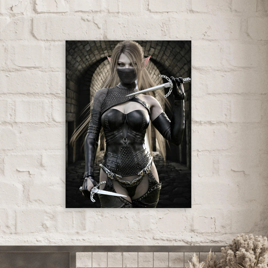Handcrafted Elf Assassin wall art featuring a masked female elven rogue wielding twin daggers inside an ancient stone fortress. Fantasy artwork perfect for gaming rooms, RPG fans, and medieval fantasy décor.