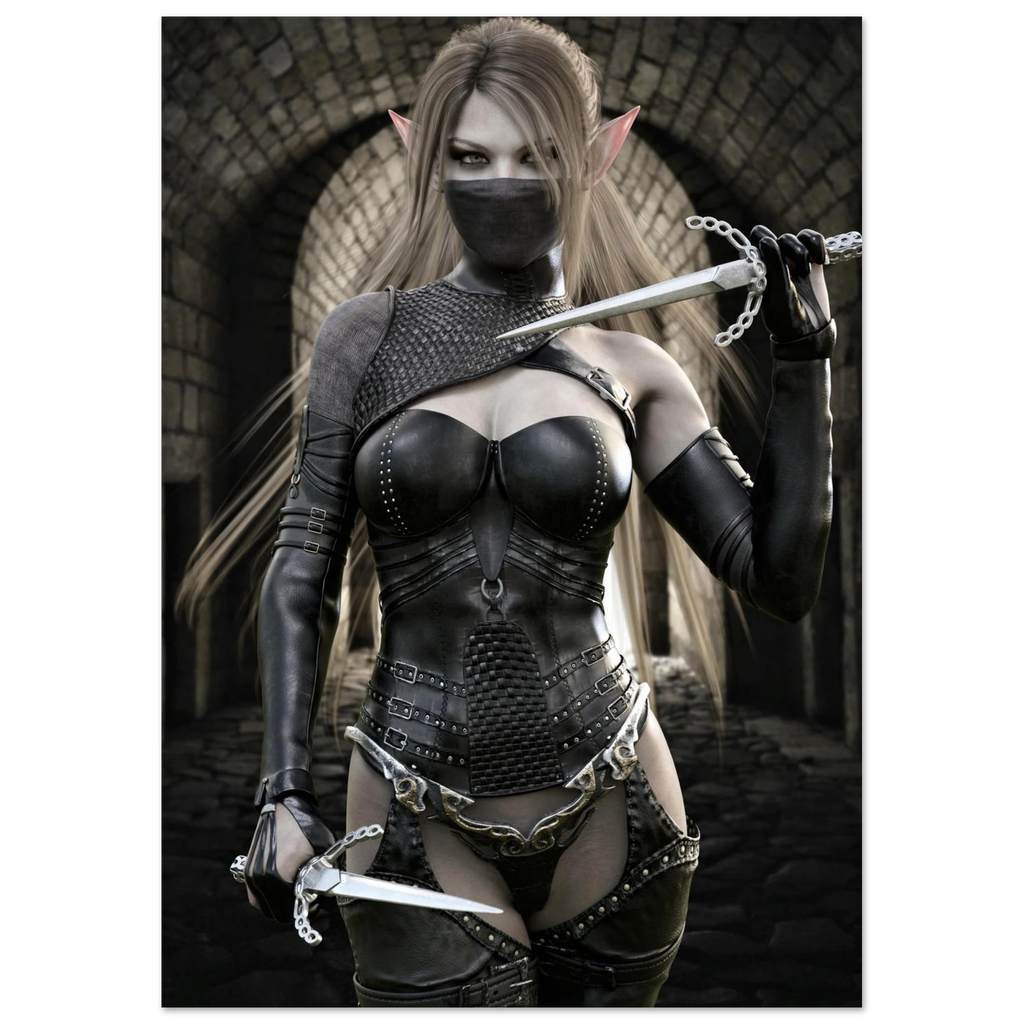 Handcrafted Elf Assassin wall art featuring a masked female elven rogue wielding twin daggers inside an ancient stone fortress. Fantasy artwork perfect for gaming rooms, RPG fans, and medieval fantasy décor.