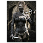 Handcrafted Elf Assassin wall art featuring a masked female elven rogue wielding twin daggers inside an ancient stone fortress. Fantasy artwork perfect for gaming rooms, RPG fans, and medieval fantasy décor.