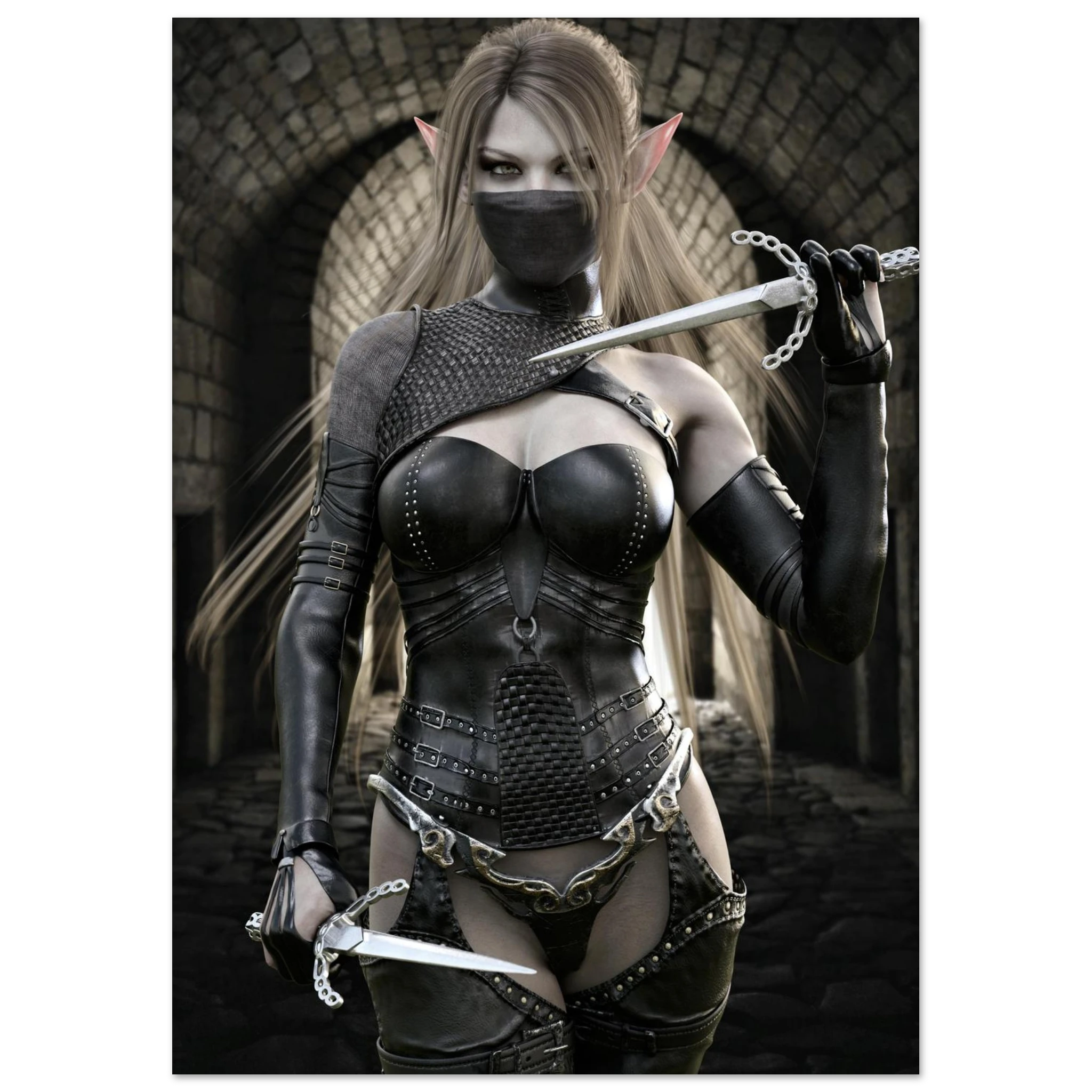 Handcrafted Elf Assassin wall art featuring a masked female elven rogue wielding twin daggers inside an ancient stone fortress. Fantasy artwork perfect for gaming rooms, RPG fans, and medieval fantasy décor.