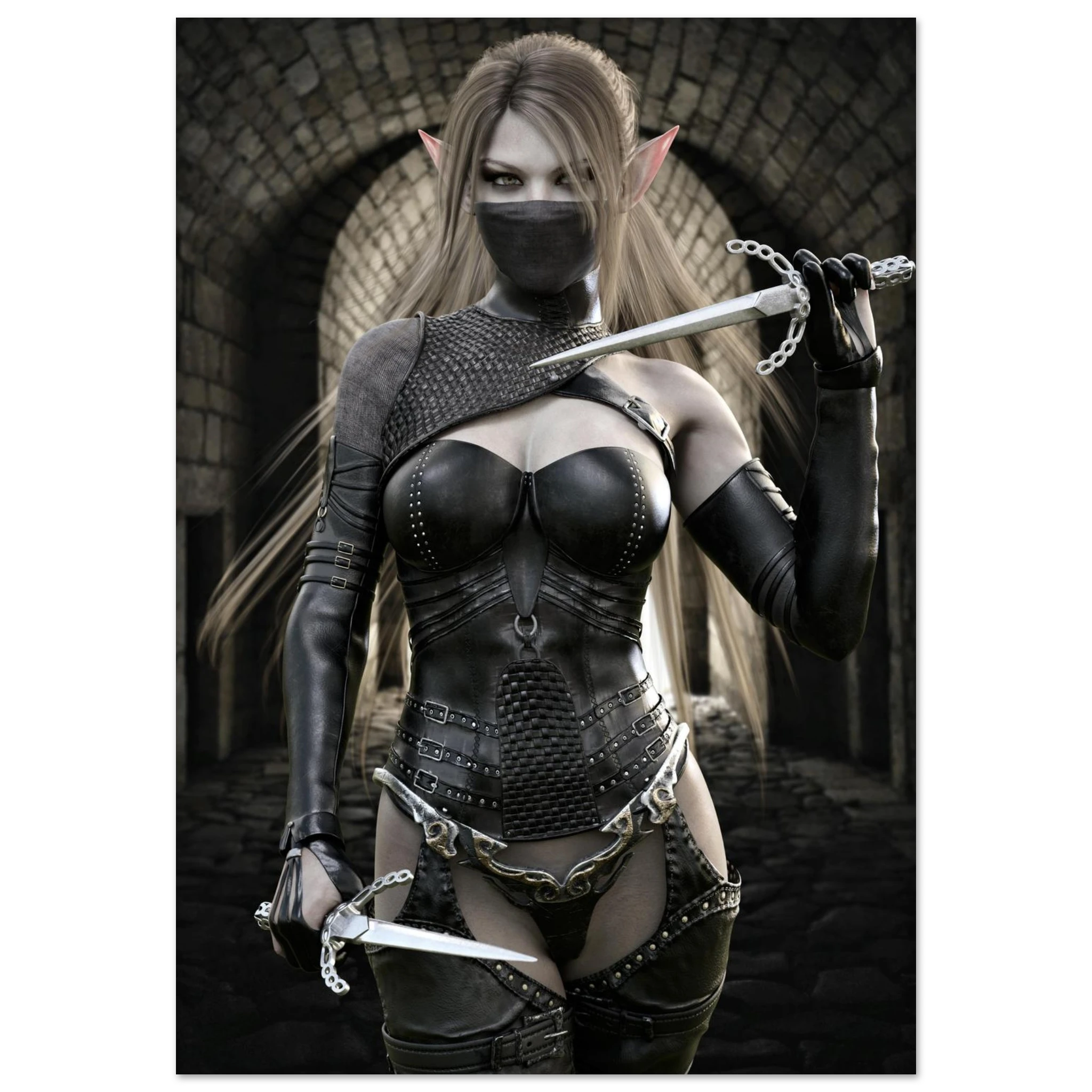 Handcrafted Elf Assassin wall art featuring a masked female elven rogue wielding twin daggers inside an ancient stone fortress. Fantasy artwork perfect for gaming rooms, RPG fans, and medieval fantasy décor.