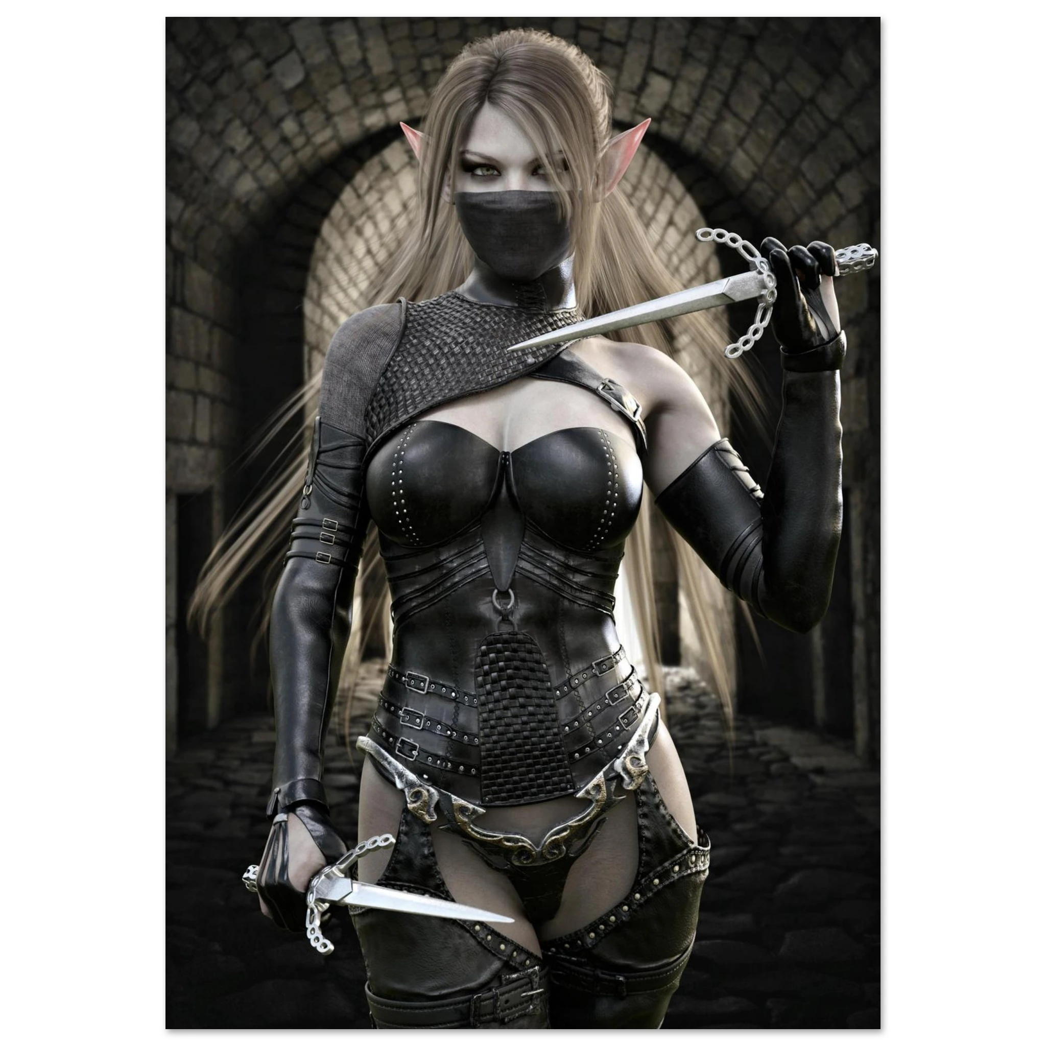 Handcrafted Elf Assassin wall art featuring a masked female elven rogue wielding twin daggers inside an ancient stone fortress. Fantasy artwork perfect for gaming rooms, RPG fans, and medieval fantasy décor.
