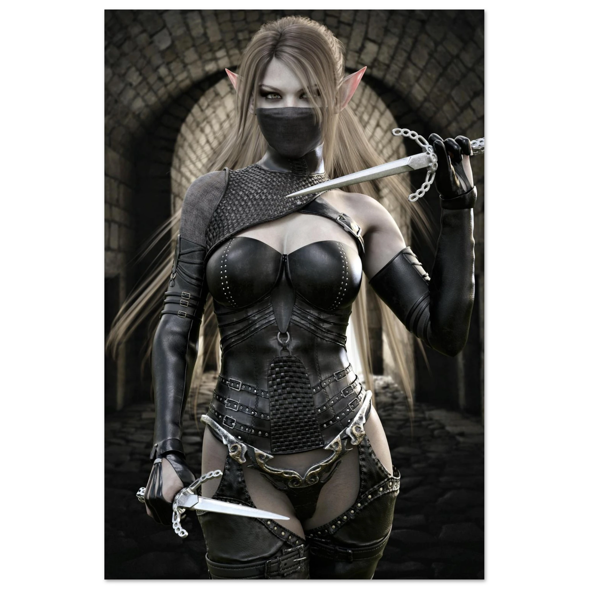 Handcrafted Elf Assassin wall art featuring a masked female elven rogue wielding twin daggers inside an ancient stone fortress. Fantasy artwork perfect for gaming rooms, RPG fans, and medieval fantasy décor.