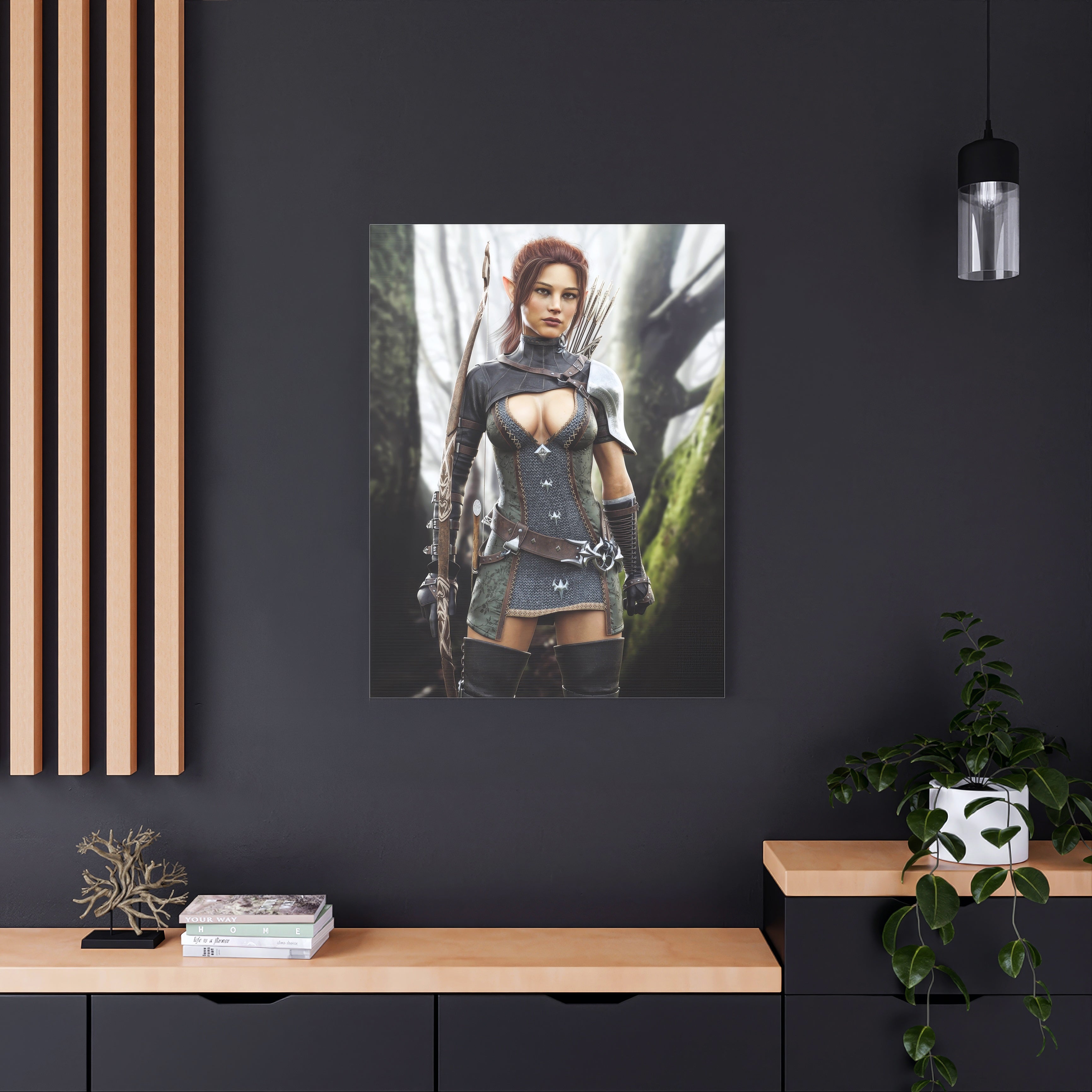 Framed artwork of a wood elf character in fantasy attire on a dark wall above a wooden shelf. Canvas art