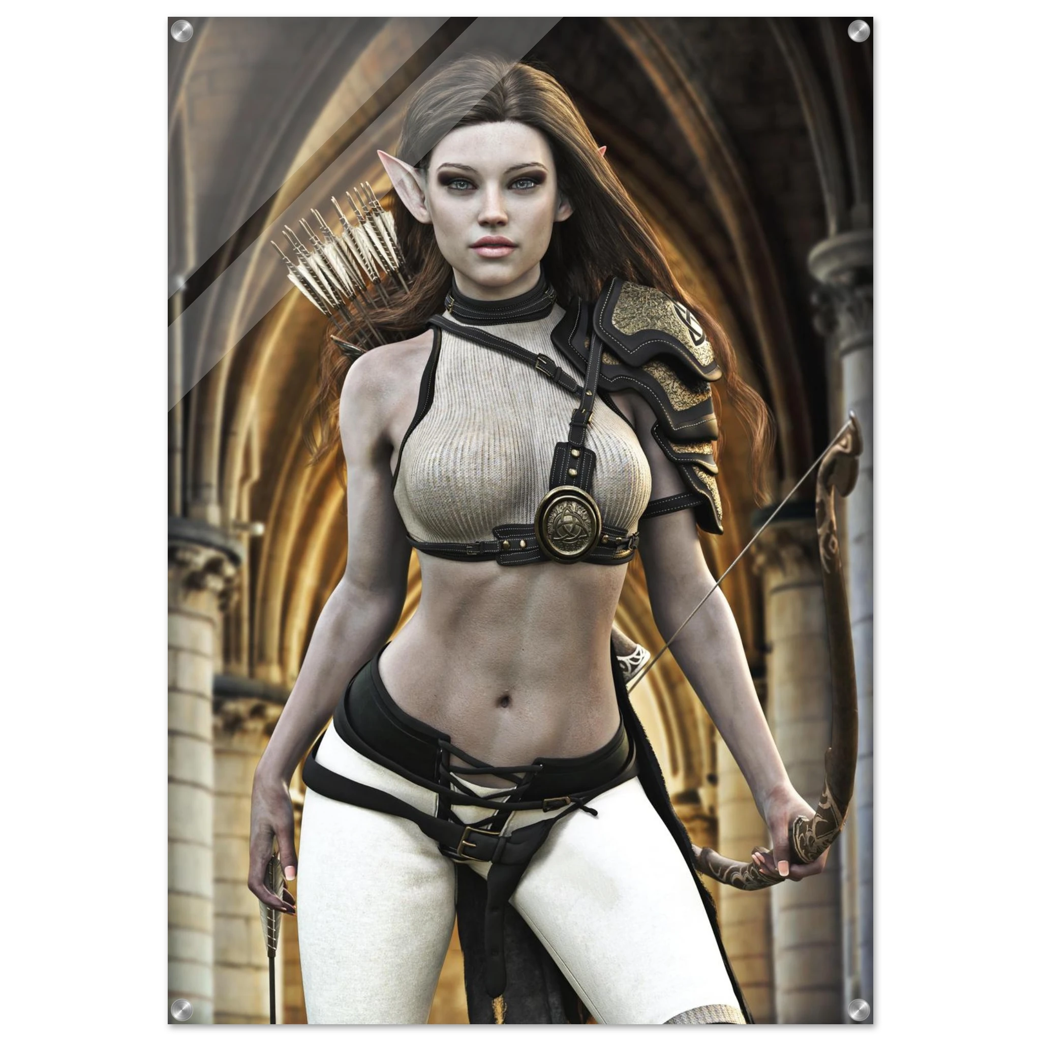 Handcrafted Elven Archer wall art featuring a graceful female elf ranger carrying an ornate longbow and quiver of arrows before majestic medieval arches. Fantasy artwork perfect for gaming rooms, RPG fans, archery enthusiasts, and medieval fantasy décor.