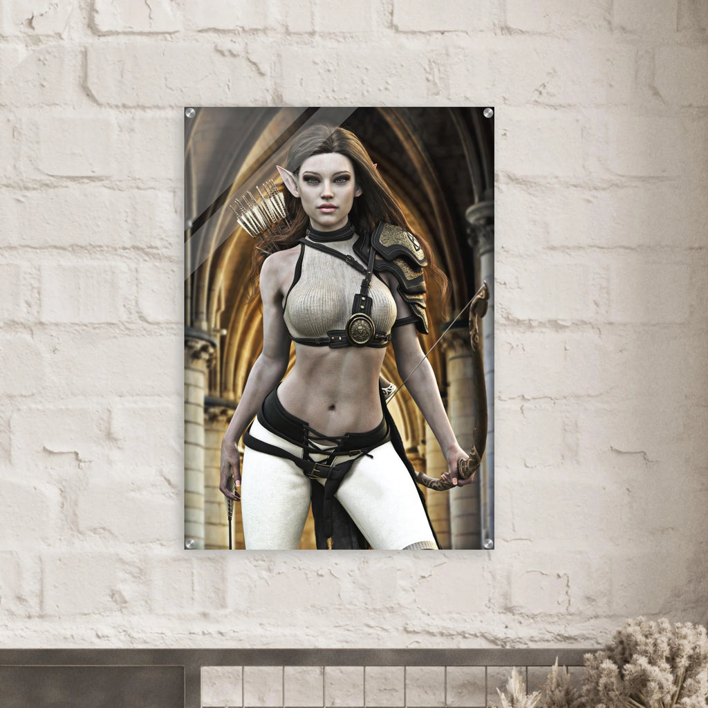 Handcrafted Elven Archer wall art featuring a graceful female elf ranger carrying an ornate longbow and quiver of arrows before majestic medieval arches. Fantasy artwork perfect for gaming rooms, RPG fans, archery enthusiasts, and medieval fantasy décor.