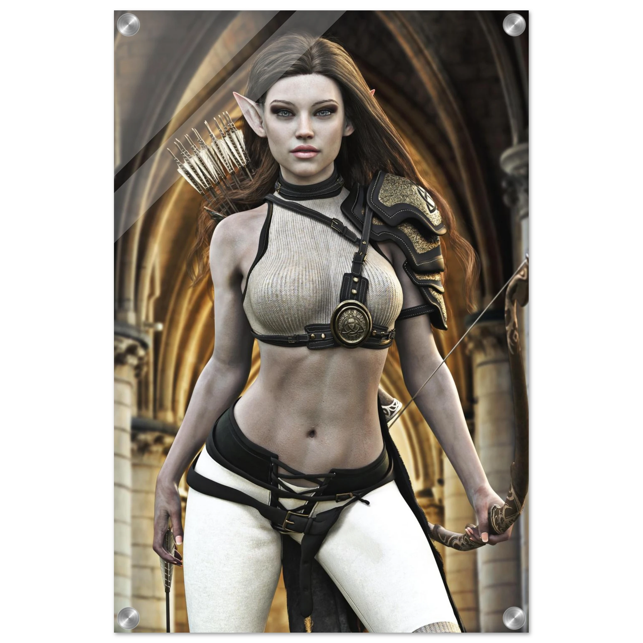 Handcrafted Elven Archer wall art featuring a graceful female elf ranger carrying an ornate longbow and quiver of arrows before majestic medieval arches. Fantasy artwork perfect for gaming rooms, RPG fans, archery enthusiasts, and medieval fantasy décor.