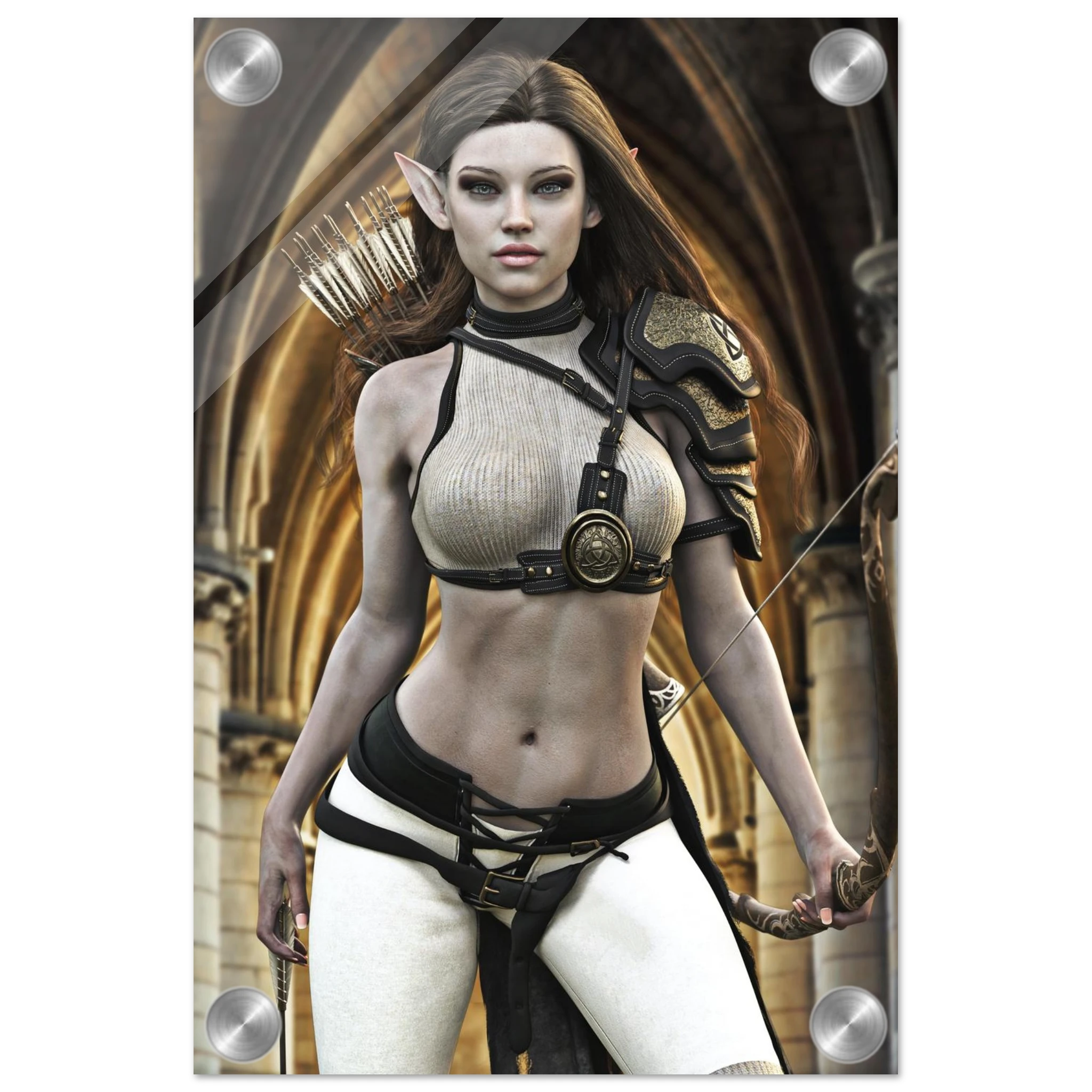 Handcrafted Elven Archer wall art featuring a graceful female elf ranger carrying an ornate longbow and quiver of arrows before majestic medieval arches. Fantasy artwork perfect for gaming rooms, RPG fans, archery enthusiasts, and medieval fantasy décor.