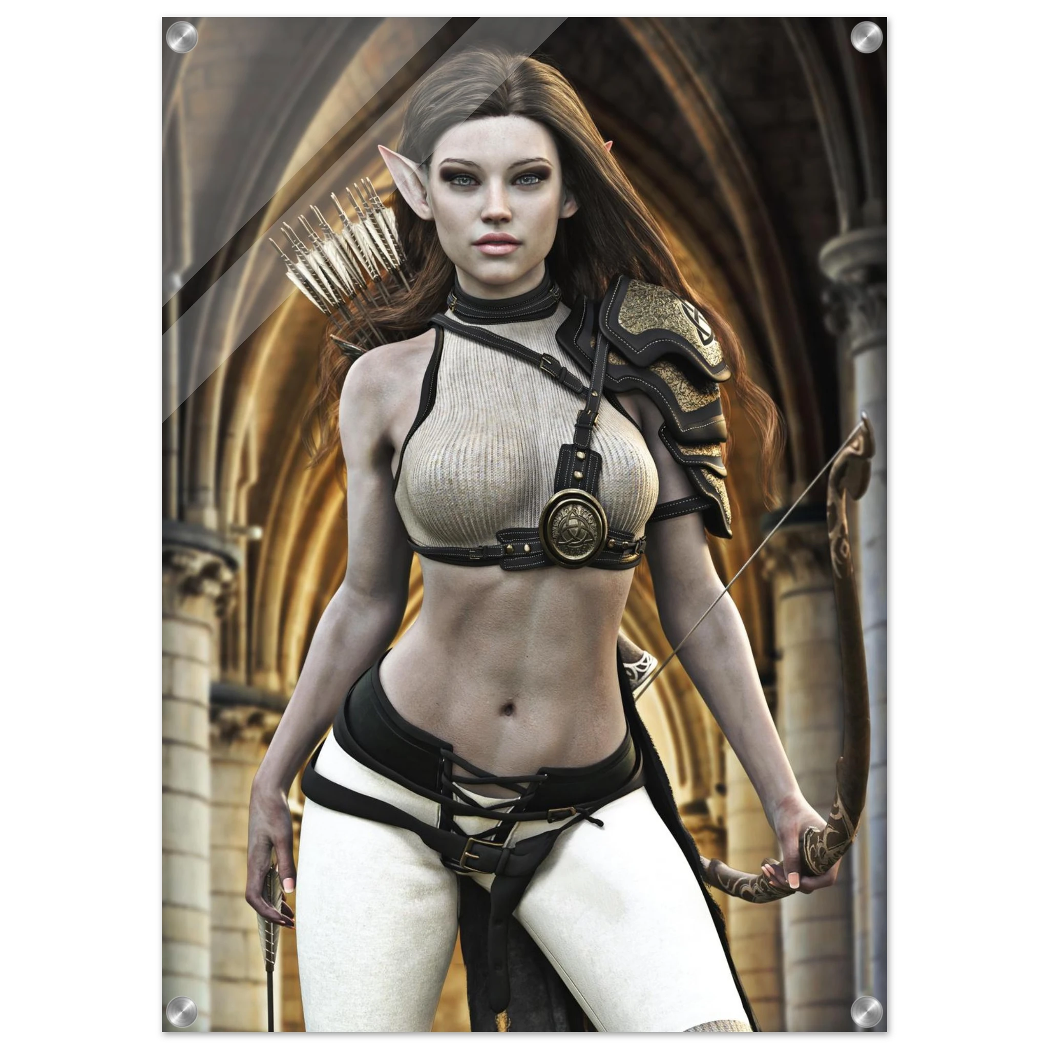 Handcrafted Elven Archer wall art featuring a graceful female elf ranger carrying an ornate longbow and quiver of arrows before majestic medieval arches. Fantasy artwork perfect for gaming rooms, RPG fans, archery enthusiasts, and medieval fantasy décor.