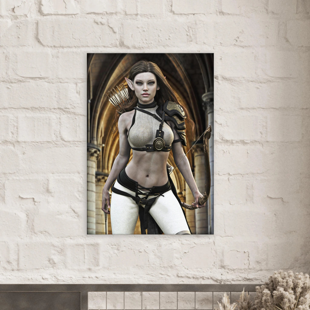 Handcrafted Elven Archer wall art featuring a graceful female elf ranger carrying an ornate longbow and quiver of arrows before majestic medieval arches. Fantasy artwork perfect for gaming rooms, RPG fans, archery enthusiasts, and medieval fantasy décor.