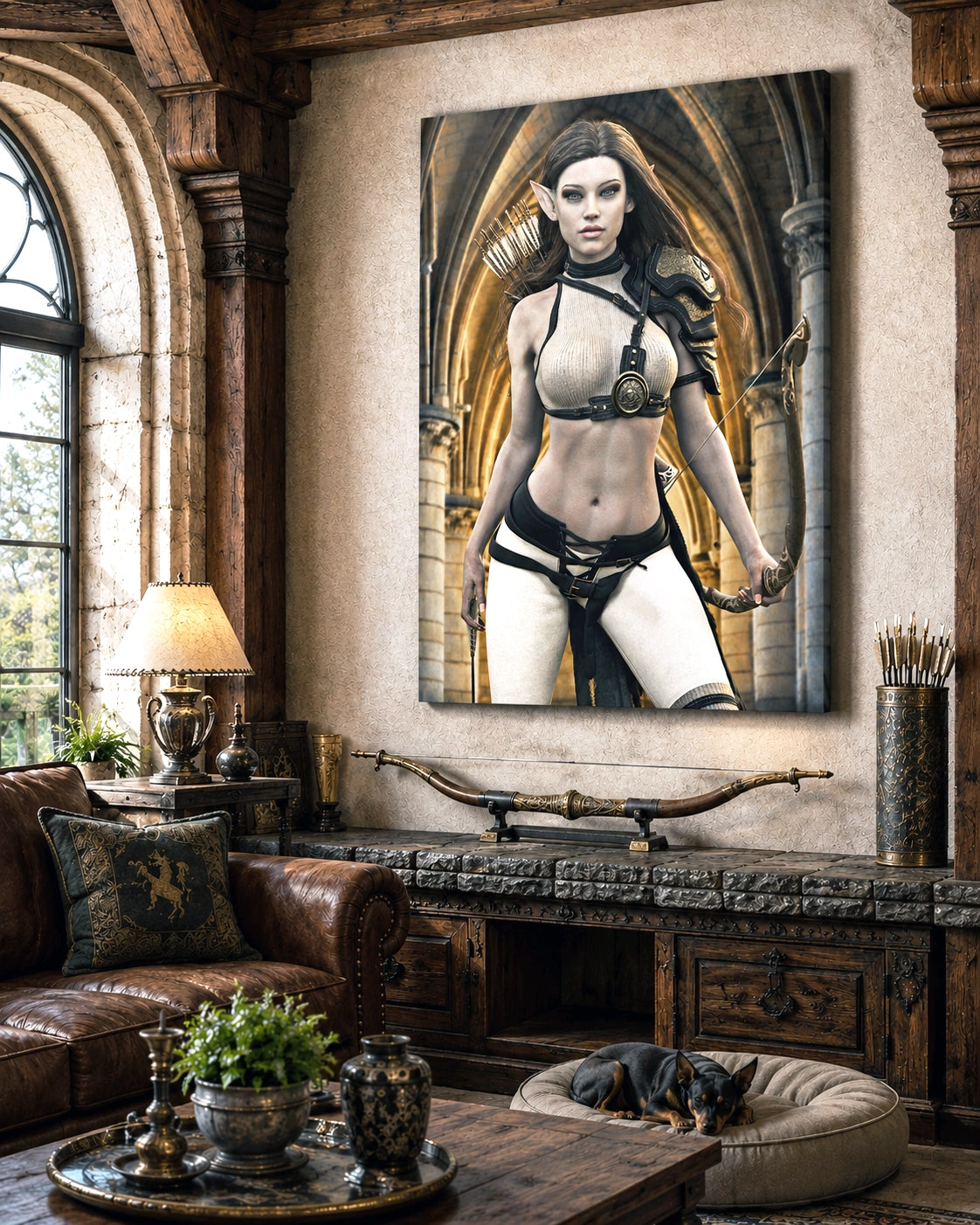Handcrafted Elven Archer wall art featuring a graceful female elf ranger carrying an ornate longbow and quiver of arrows before majestic medieval arches. Fantasy artwork perfect for gaming rooms, RPG fans, archery enthusiasts, and medieval fantasy décor.