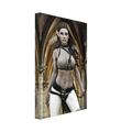 Handcrafted Elven Archer wall art featuring a graceful female elf ranger carrying an ornate longbow and quiver of arrows before majestic medieval arches. Fantasy artwork perfect for gaming rooms, RPG fans, archery enthusiasts, and medieval fantasy décor.