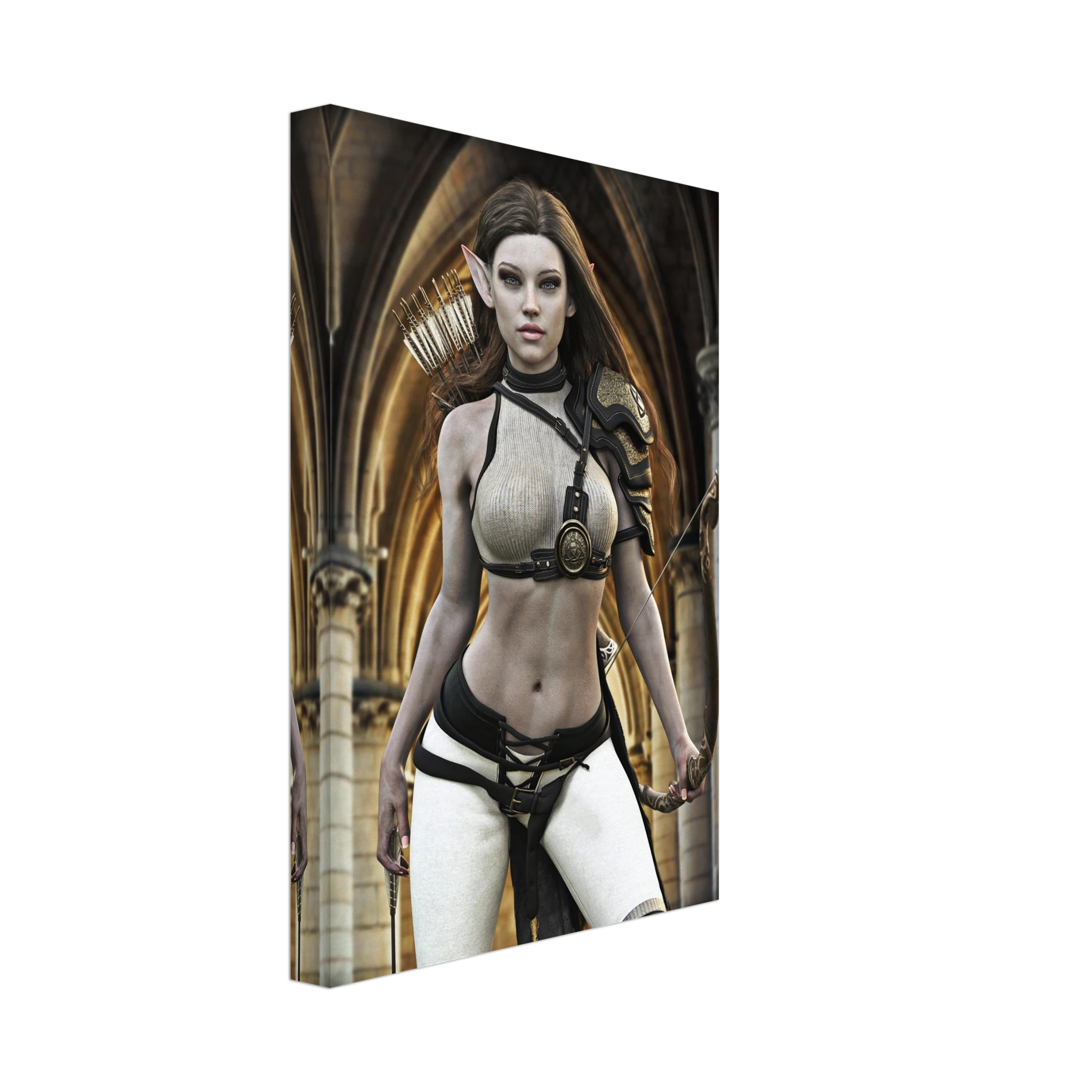 Handcrafted Elven Archer wall art featuring a graceful female elf ranger carrying an ornate longbow and quiver of arrows before majestic medieval arches. Fantasy artwork perfect for gaming rooms, RPG fans, archery enthusiasts, and medieval fantasy décor.