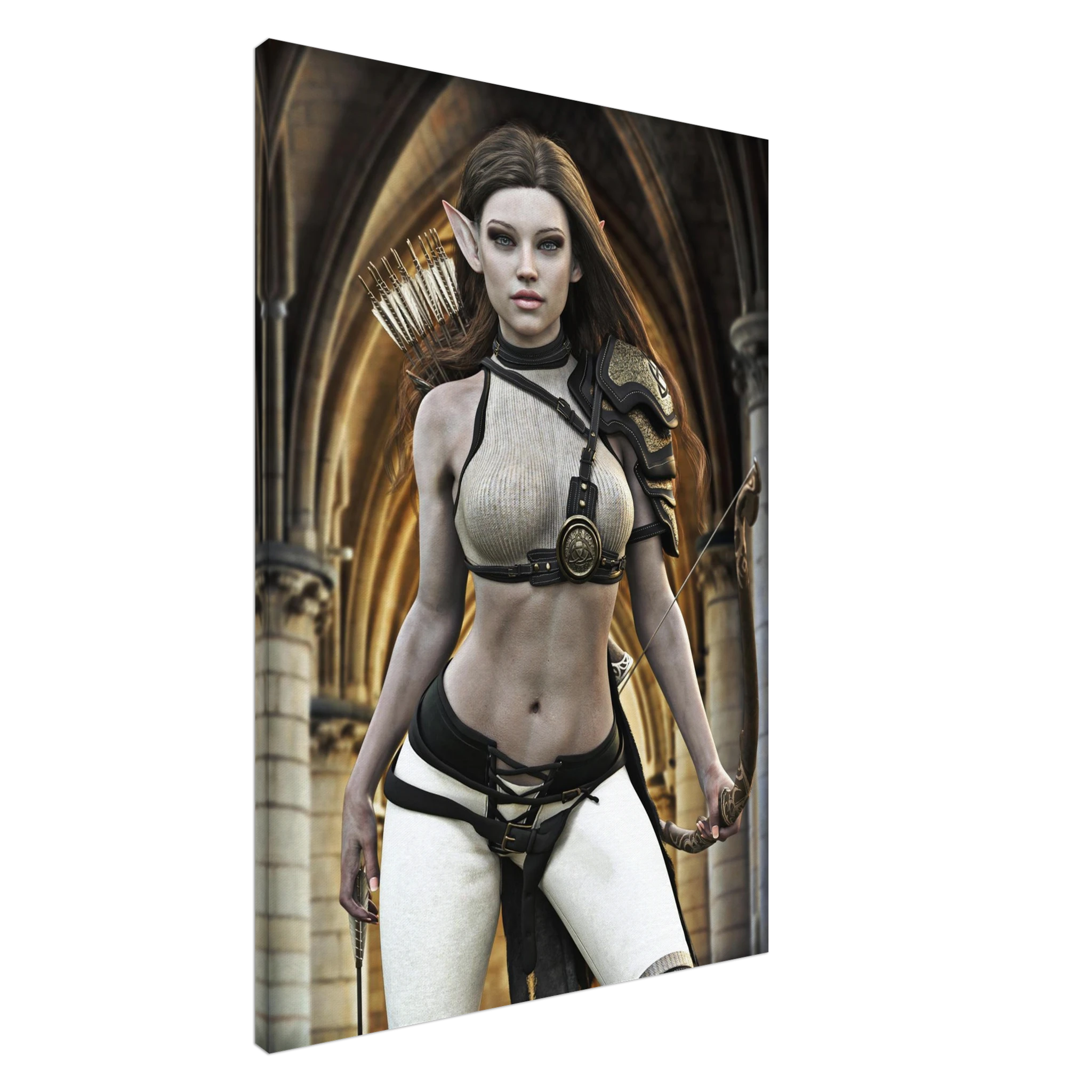 Handcrafted Elven Archer wall art featuring a graceful female elf ranger carrying an ornate longbow and quiver of arrows before majestic medieval arches. Fantasy artwork perfect for gaming rooms, RPG fans, archery enthusiasts, and medieval fantasy décor.