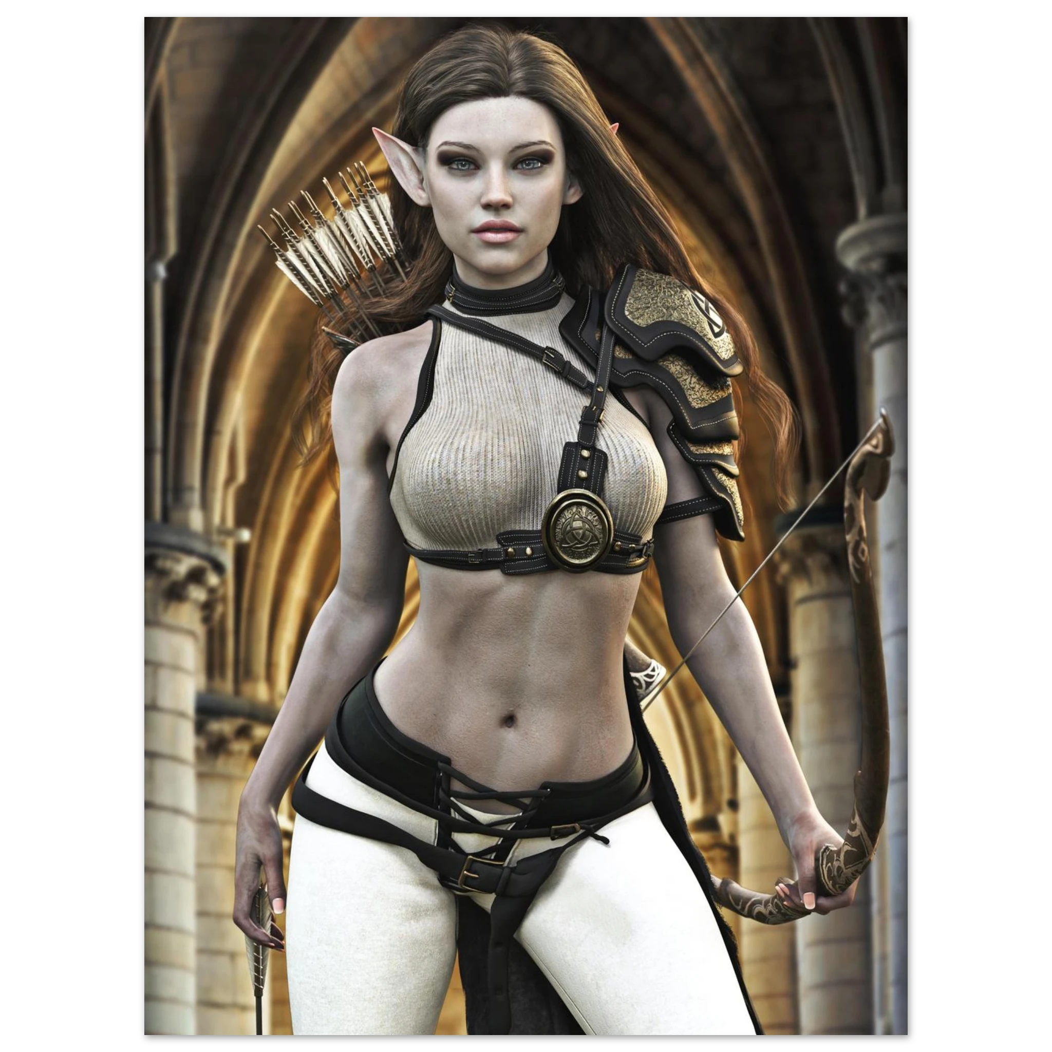 A fantasy female elf archer character wearing a beige ribbed crop top with black harness straps, a gold circular medallion, black and gold shoulder armor, white leggings, and holding a bow, set against an arched stone corridor.