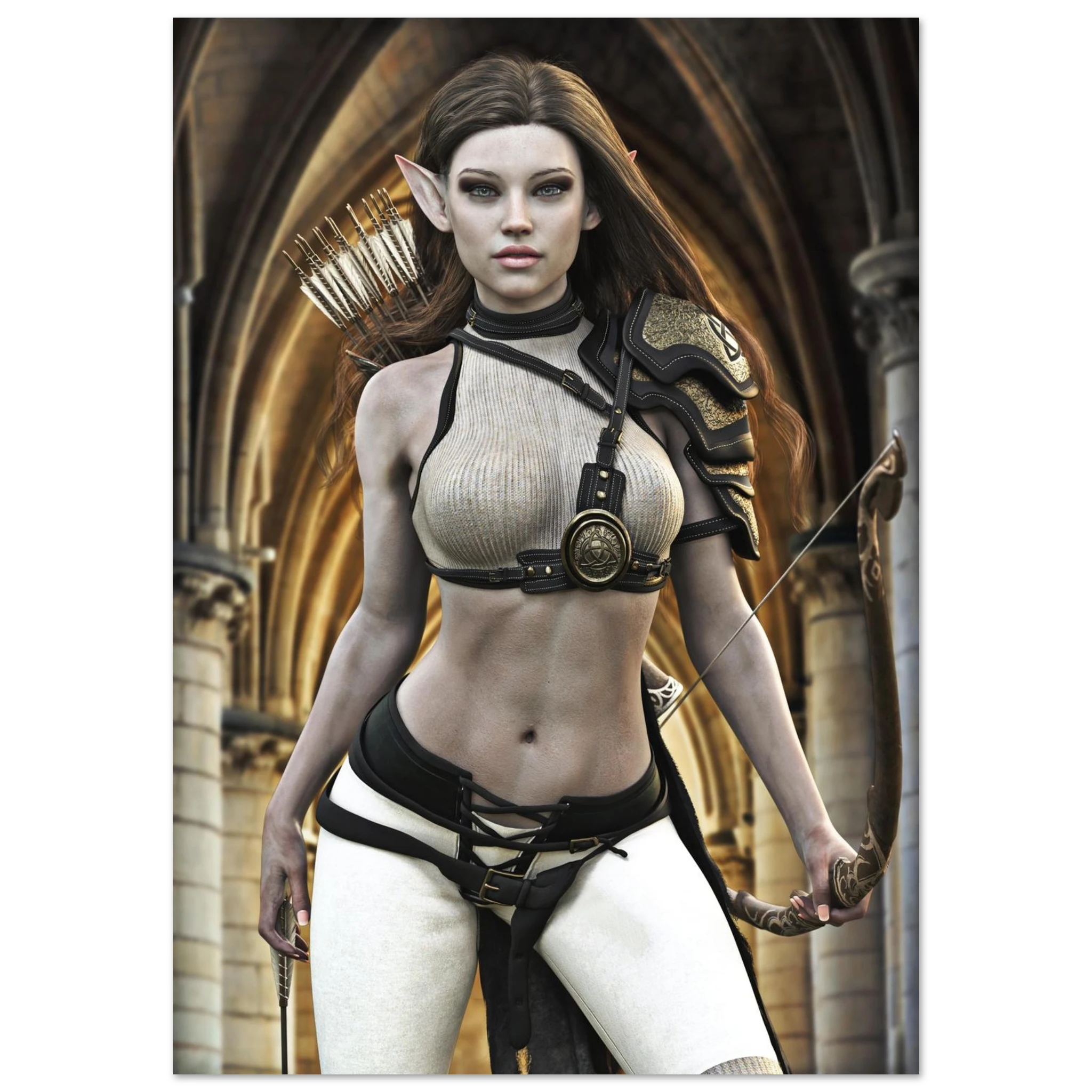 A fantasy elf archer character standing in an arched stone corridor, wearing a beige ribbed bra top with black harness details, black shorts, and white thigh-high stockings, holding a bow and arrow.