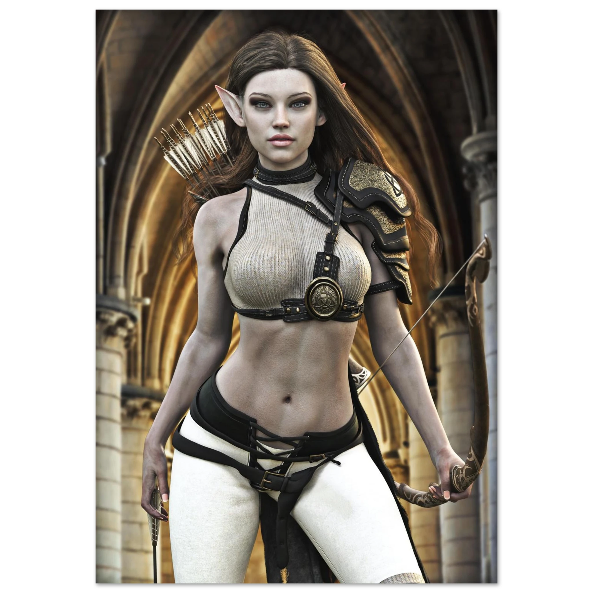A fantasy art print featuring an elf woman with pointed ears, wearing a beige ribbed bra top, black harness details, and white leggings, holding a bow and arrow in a stone archway setting.