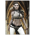 A fantasy elf woman character wearing a ribbed beige and black harness-style top, black-and-white pants, and an armored shoulder piece, posed in front of a stone archway while holding a bow.