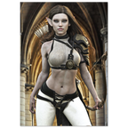 A fantasy elf woman character wearing a ribbed beige and black harness-style top, black-and-white pants, and an armored shoulder piece, posed in front of a stone archway while holding a bow.