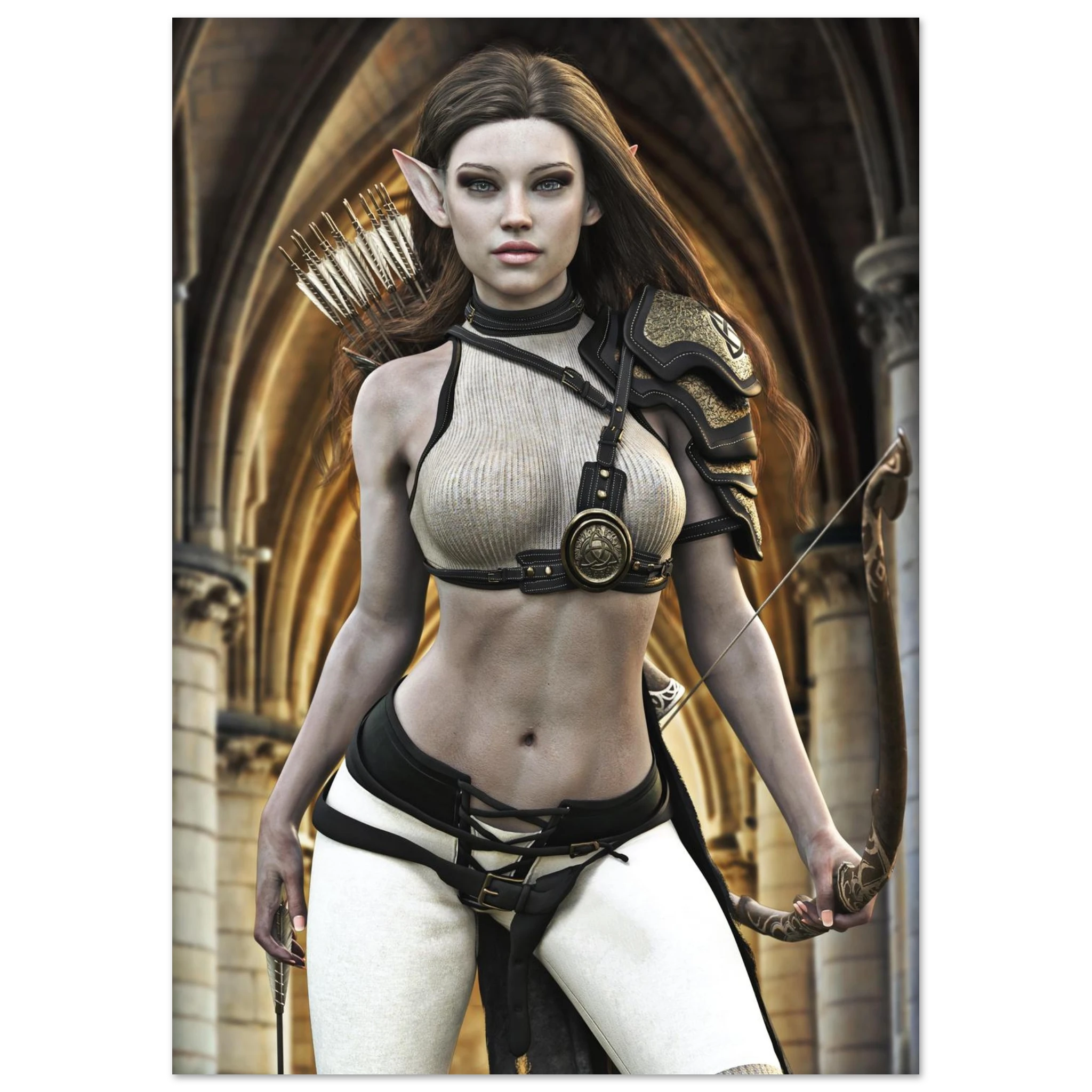 A fantasy elf archer character wearing a beige ribbed top, black harness, white leggings, and a shoulder guard, holding a bow in an arched stone corridor.