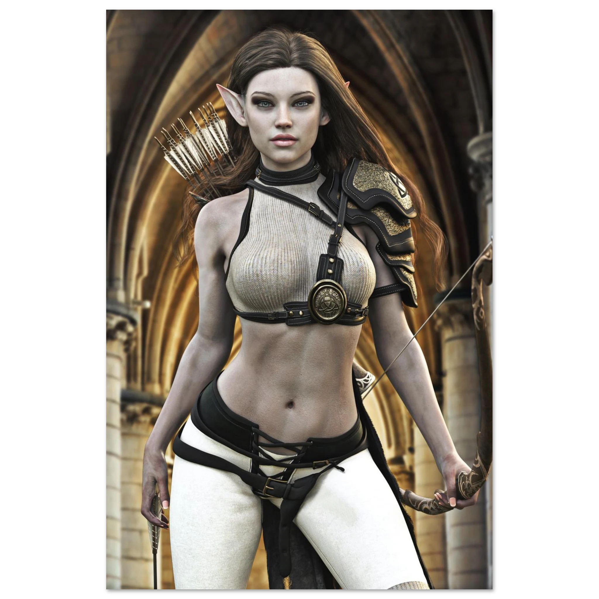 A fantasy elf woman character standing in an arched stone corridor, wearing a beige ribbed bra top with black harness details, black shorts, and white thigh-high stockings, holding a bow.