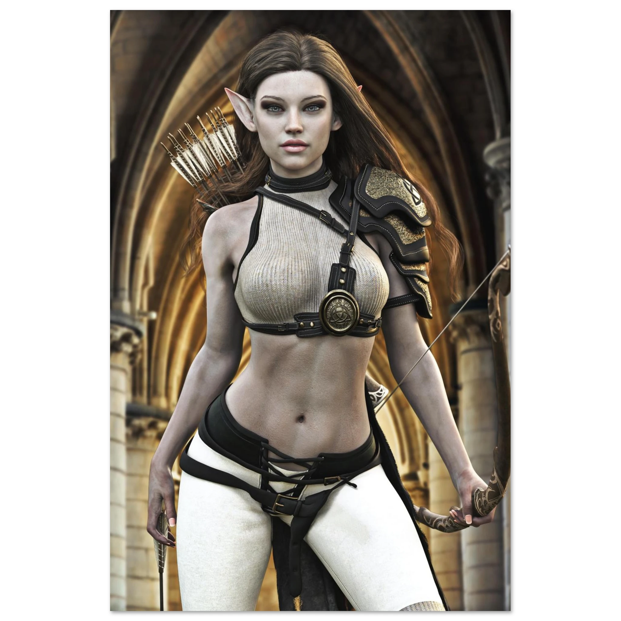 A fantasy elf woman character standing in an arched stone corridor, wearing a beige ribbed bra top with black harness details, black shorts, and white thigh-high stockings, holding a bow.
