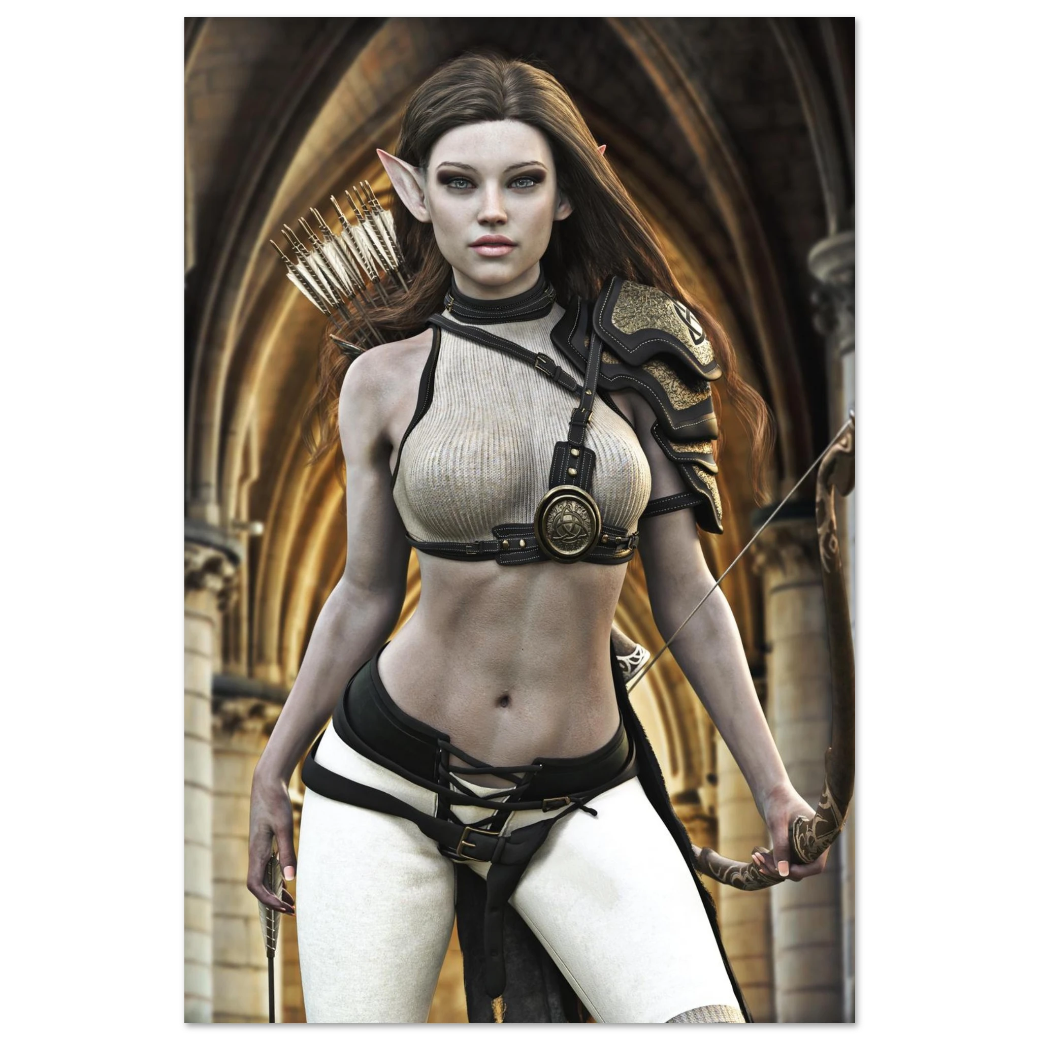 A vertical art print or poster featuring a fantasy female elf archer with pointed ears, wearing a ribbed beige and black top, white pants, and carrying a bow and arrow, set against an arched stone corridor.