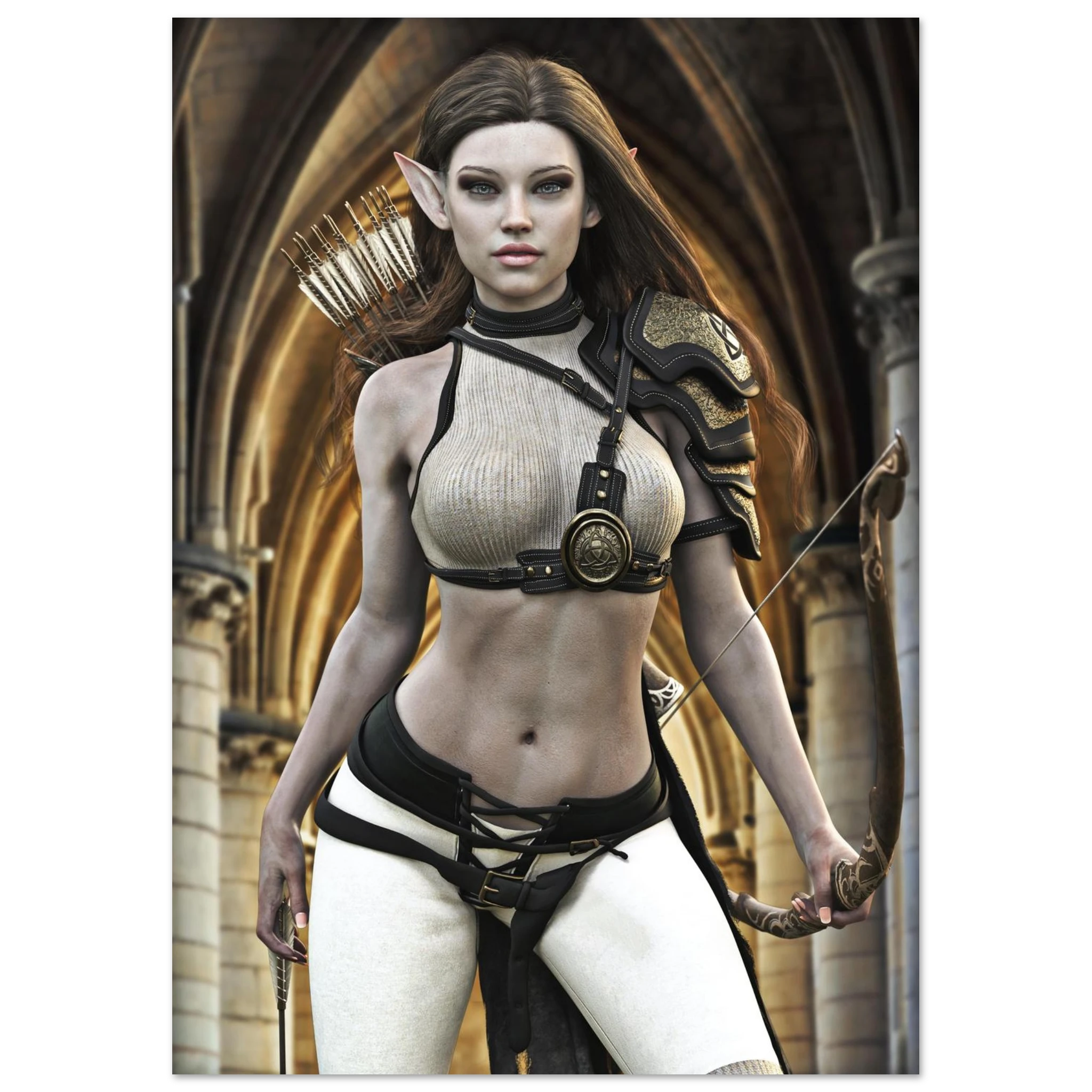 A vertical art print or poster featuring a fantasy female elf archer with pointed ears, holding a bow, set against a gothic stone archway background.