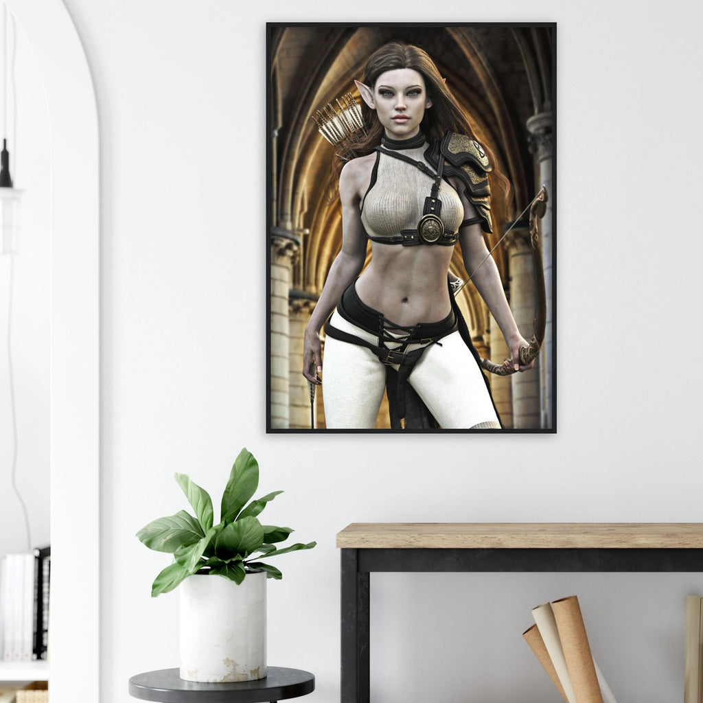 Handcrafted Elven Archer wall art featuring a graceful female elf ranger carrying an ornate longbow and quiver of arrows before majestic medieval arches. Fantasy artwork perfect for gaming rooms, RPG fans, archery enthusiasts, and medieval fantasy décor.