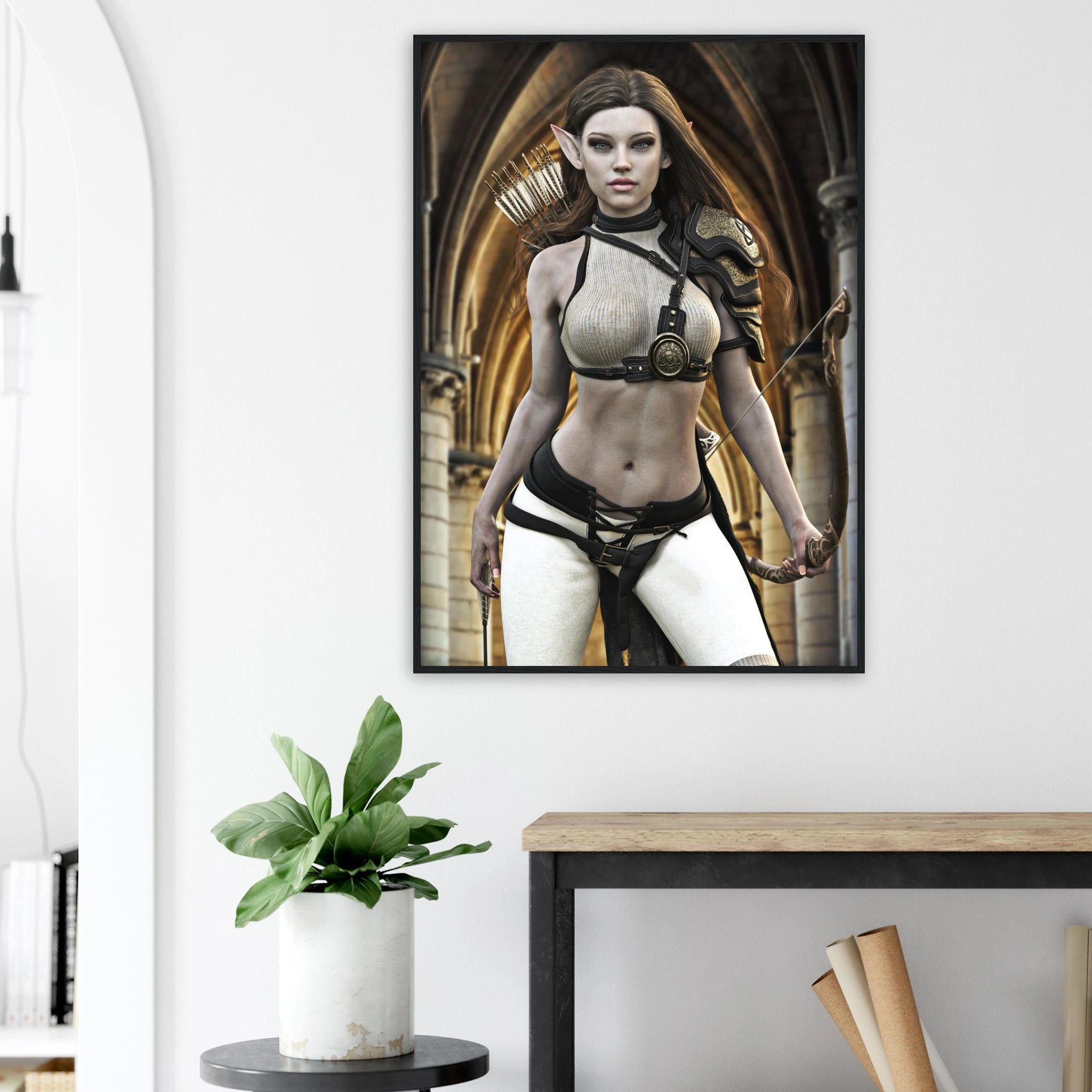 Handcrafted Elven Archer wall art featuring a graceful female elf ranger carrying an ornate longbow and quiver of arrows before majestic medieval arches. Fantasy artwork perfect for gaming rooms, RPG fans, archery enthusiasts, and medieval fantasy décor.