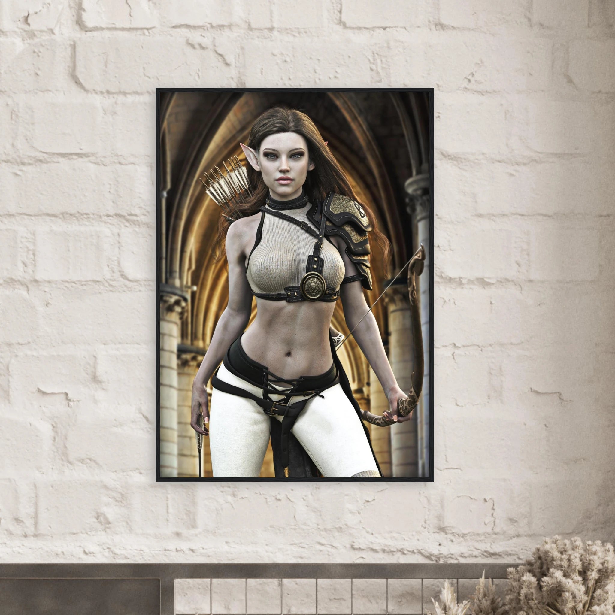 Handcrafted Elven Archer wall art featuring a graceful female elf ranger carrying an ornate longbow and quiver of arrows before majestic medieval arches. Fantasy artwork perfect for gaming rooms, RPG fans, archery enthusiasts, and medieval fantasy décor.
