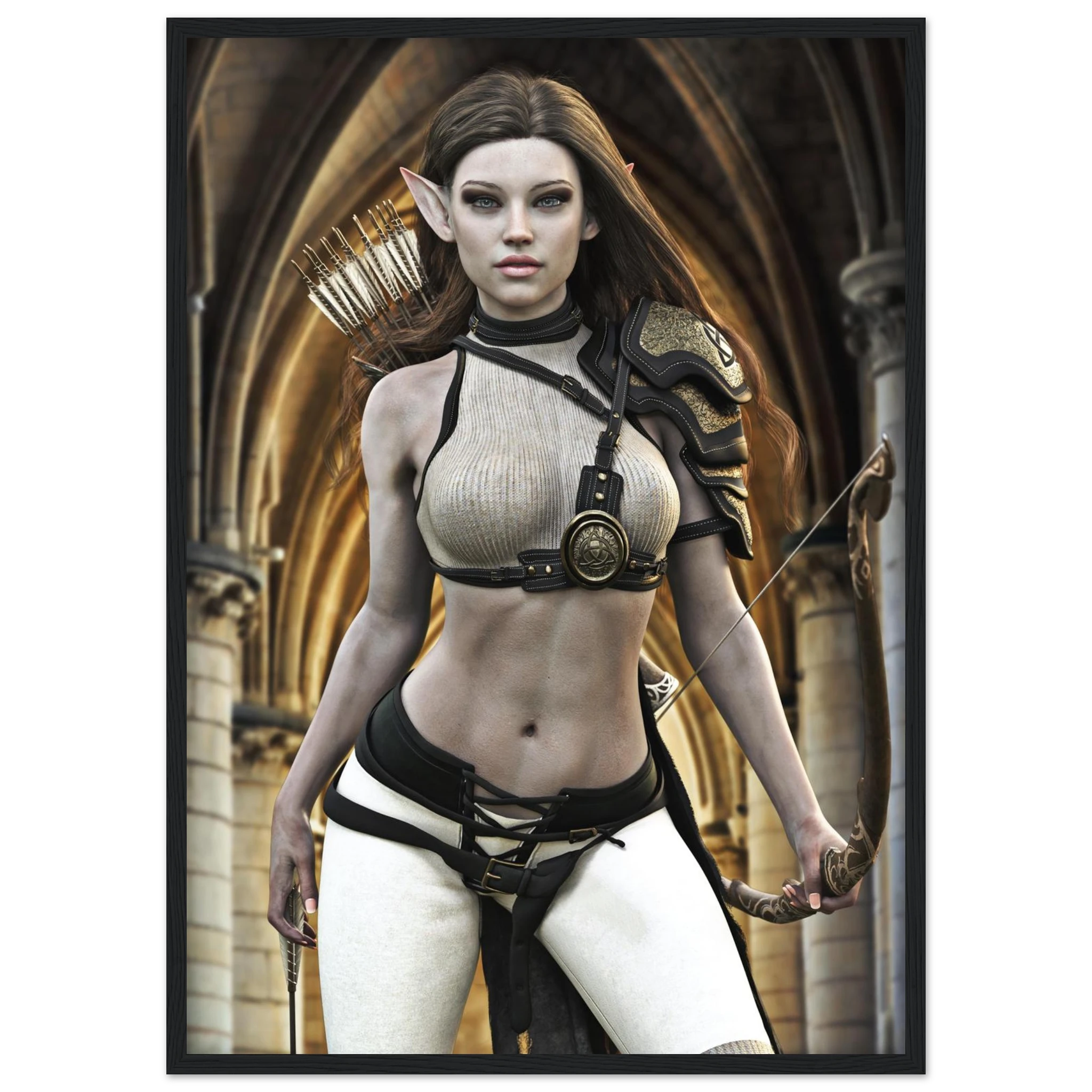 Handcrafted Elven Archer wall art featuring a graceful female elf ranger carrying an ornate longbow and quiver of arrows before majestic medieval arches. Fantasy artwork perfect for gaming rooms, RPG fans, archery enthusiasts, and medieval fantasy décor.