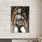 Handcrafted Elven Archer wall art featuring a graceful female elf ranger carrying an ornate longbow and quiver of arrows before majestic medieval arches. Fantasy artwork perfect for gaming rooms, RPG fans, archery enthusiasts, and medieval fantasy décor.