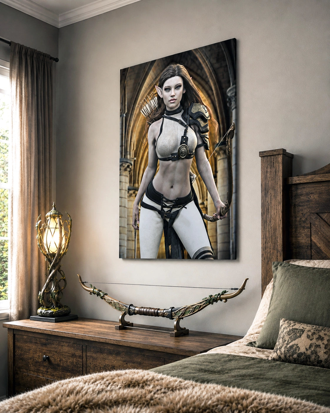 Handcrafted Elven Archer wall art featuring a graceful female elf ranger carrying an ornate longbow and quiver of arrows before majestic medieval arches. Fantasy artwork perfect for gaming rooms, RPG fans, archery enthusiasts, and medieval fantasy décor.